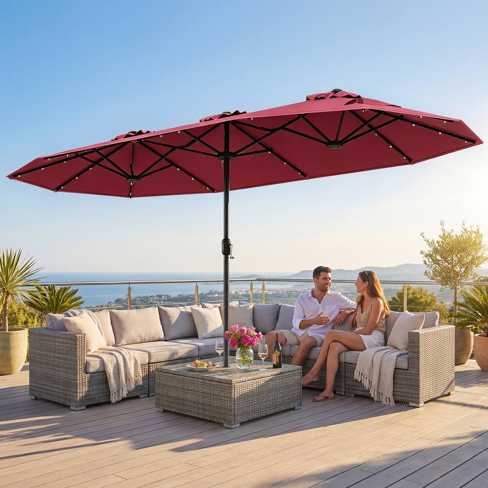 Alt View 3. Costway - Costway 13FT Double-sided Patio Umbrella with Solar Lights Crank Handle Umbrella Base - Wine.