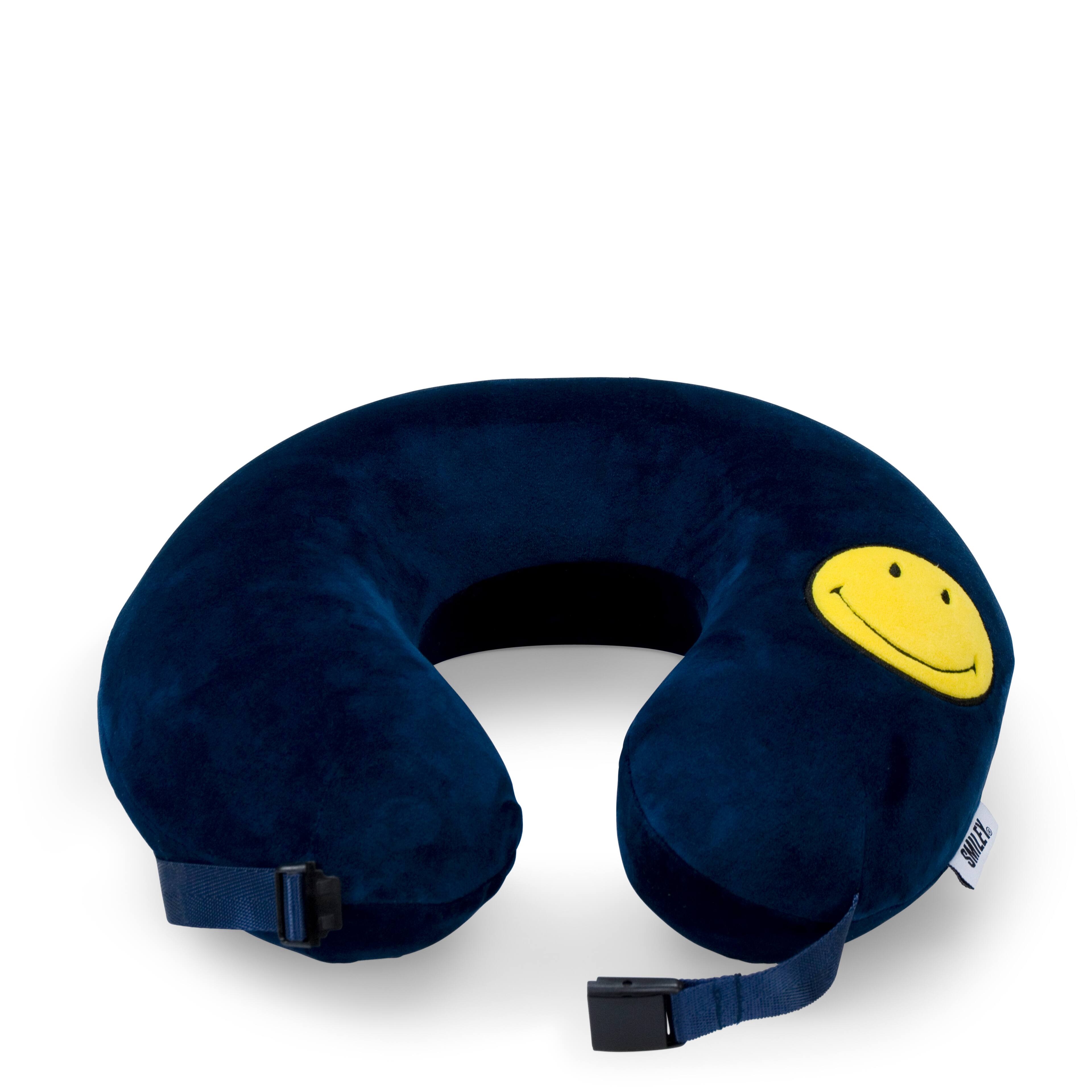Back. Smiley World - SMILEY Navy Smiley Patch Marshmallow Memory Foam Travel Pillow - Navy.