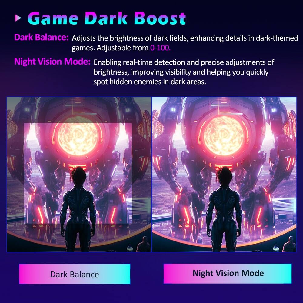 Game Dark Boost

Dark Balance: Adjusts the brightness of dark fields, enhancing details in dark-themed games. Adjustable from 0-100.

Night Vision Mode: Enabling real-time detection and precise adjustments of brightness, improving visibility and helping you quickly spot hidden enemies in dark areas.

Dark Balance

Night Vision Mode