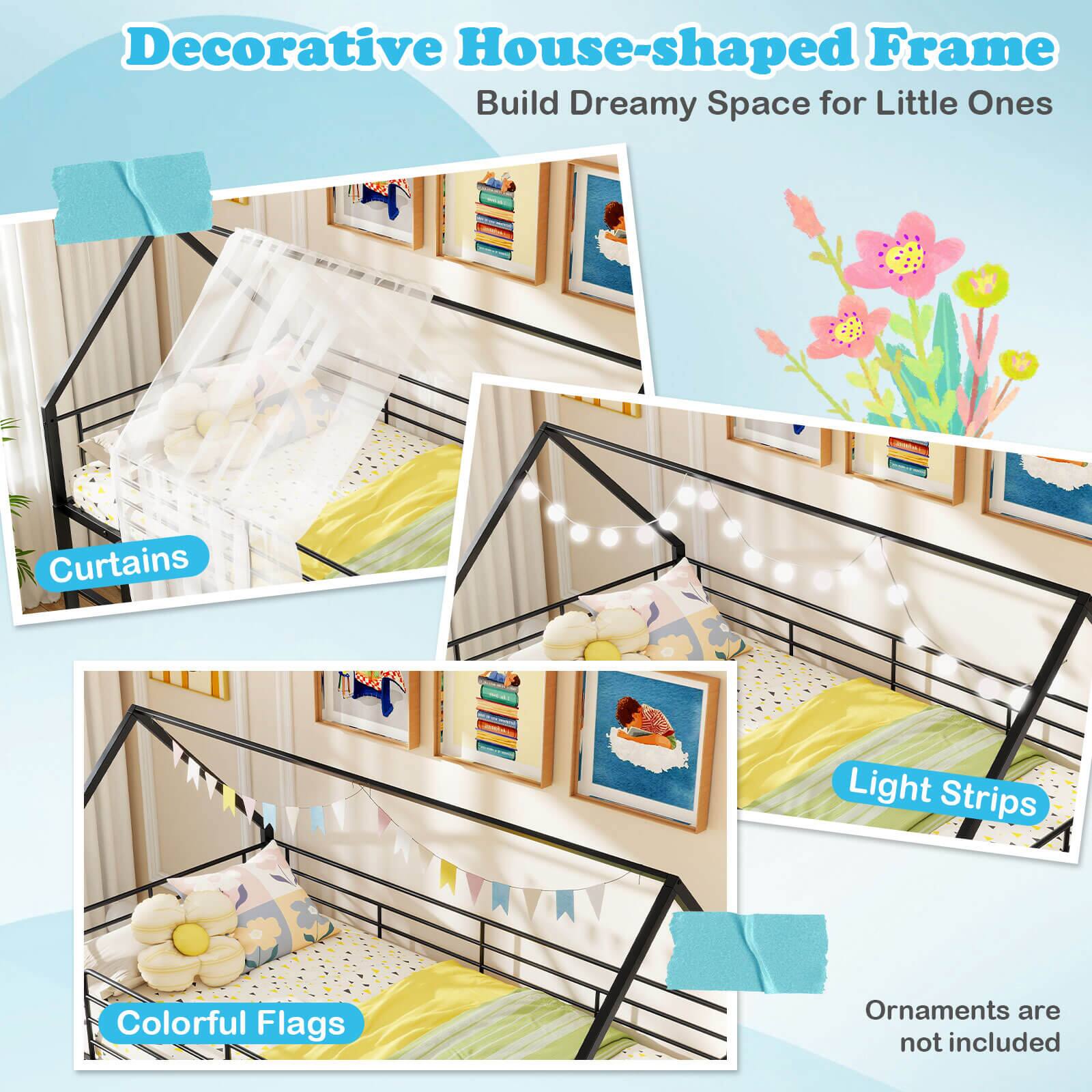 Decorative House-shaped Frame  
Build Dreamy Space for Little Ones  

Curtains  
Light Strips  
Colorful Flags  

Ornaments are not included