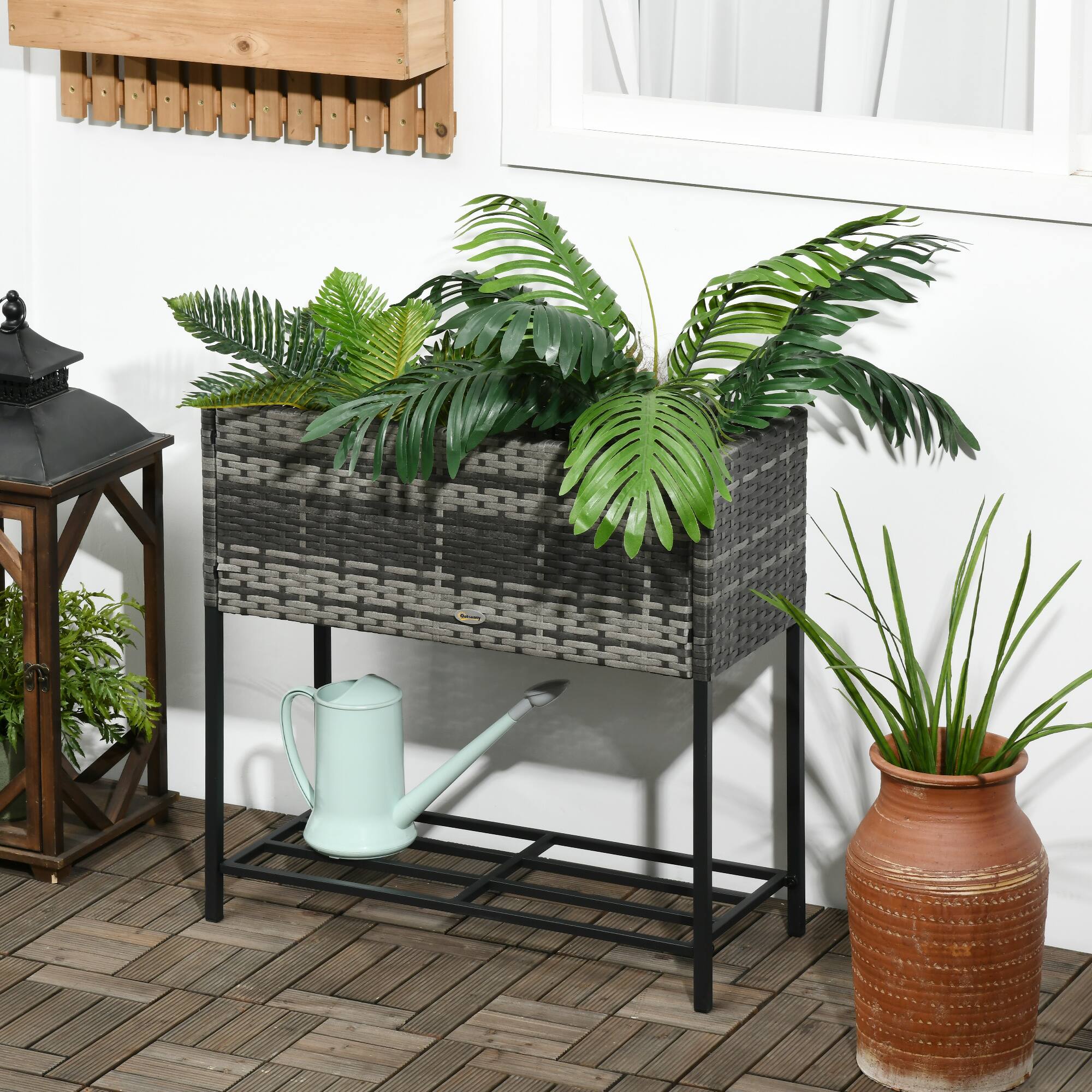 Alt View 1. Outsunny - Raised Garden Bed, Elevated Planter Box with Rattan Wicker Look, Tool Storage Shelf, Portable Design for Herbs - Gray.