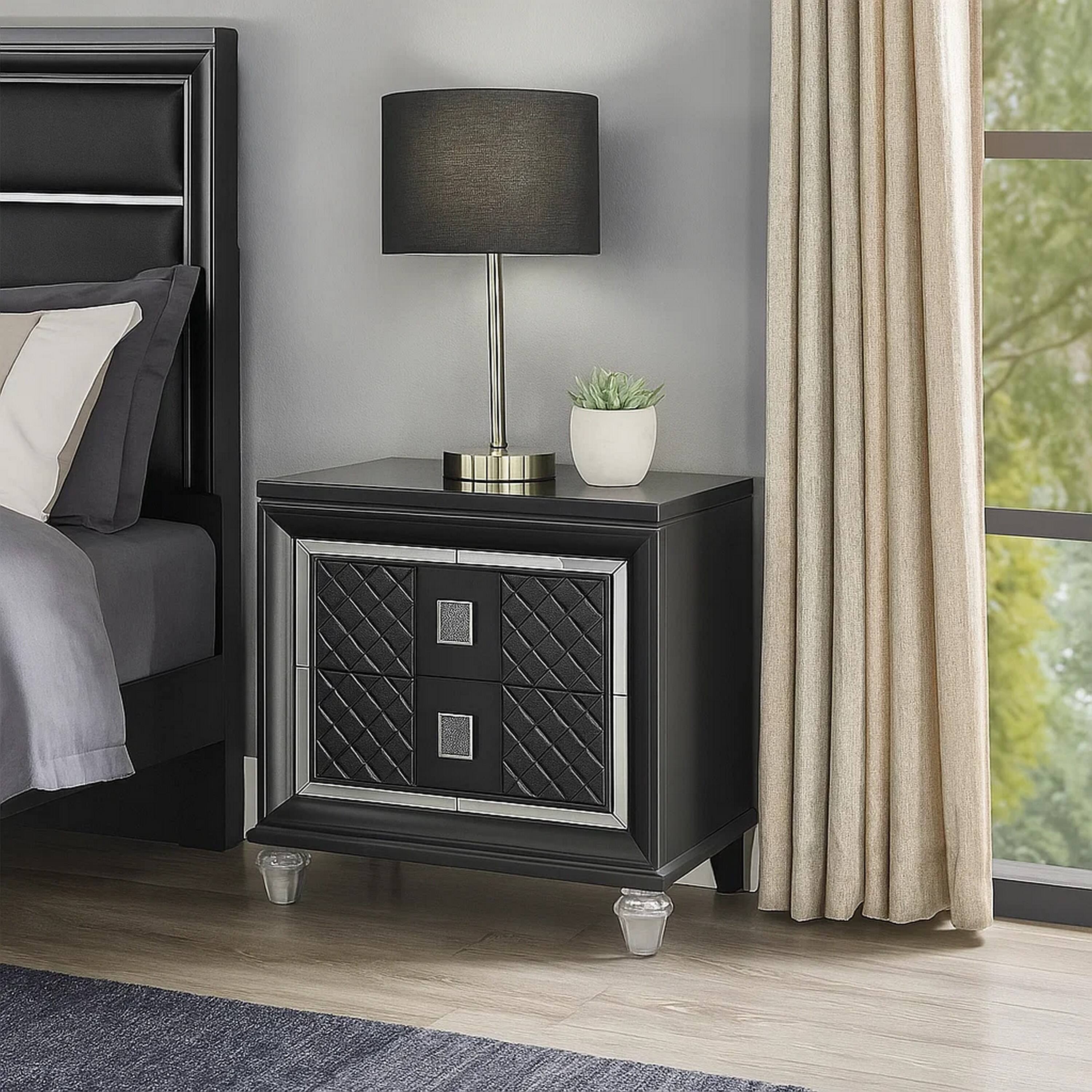 Alt View 6. Manhattan Lane - 2 Drawer Wooden Nightstand with Mirror Accents and Diamond Pattern - Black.