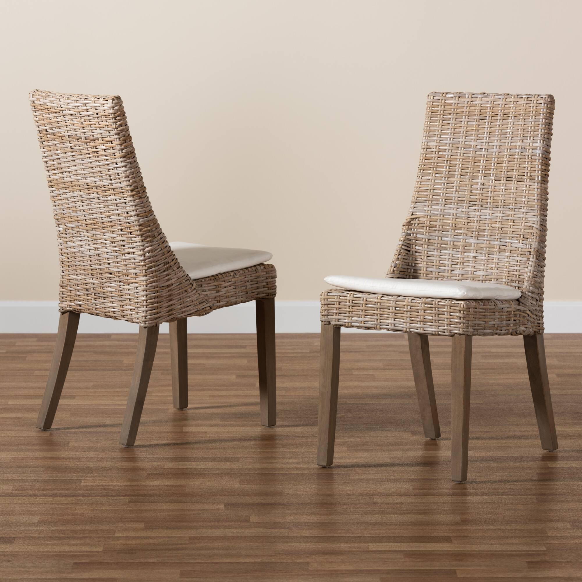 Alt View 4. bali & pari - Toby Modern Bohemian Rattan 2-Piece Dining Chair Set - White/Greywashed/Brown.