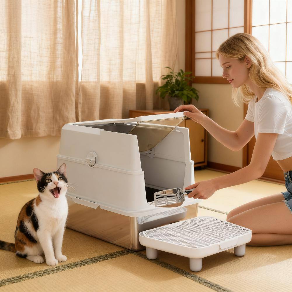 Angle. Dexmalle - Dexmalle-Stainless Steel Cat Litter Box with Flip Cover,Pad and Scoop-Light Gray,Transparent - Light Gray,Transparent.