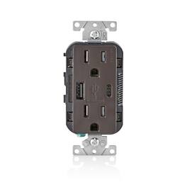 Leviton - Decora 15 amps 125 V Type A/C Duplex Outlet and USB Charger 5-15R 1 pk - Brown