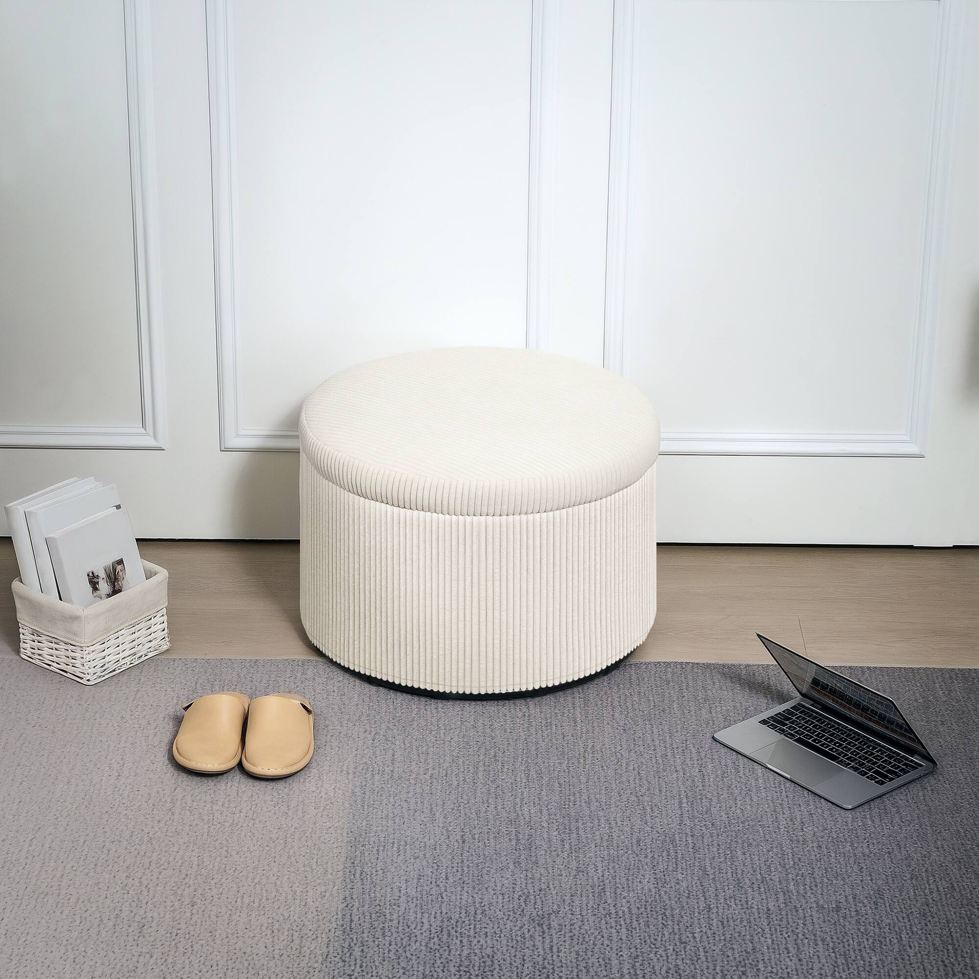 Alt View 2. Homcom - Storage Ottoman with Lid, 24 In Round Pouf Ottoman with Storage, Upholstered Corduroy Foot Rest Stool for Living Room - Beige.