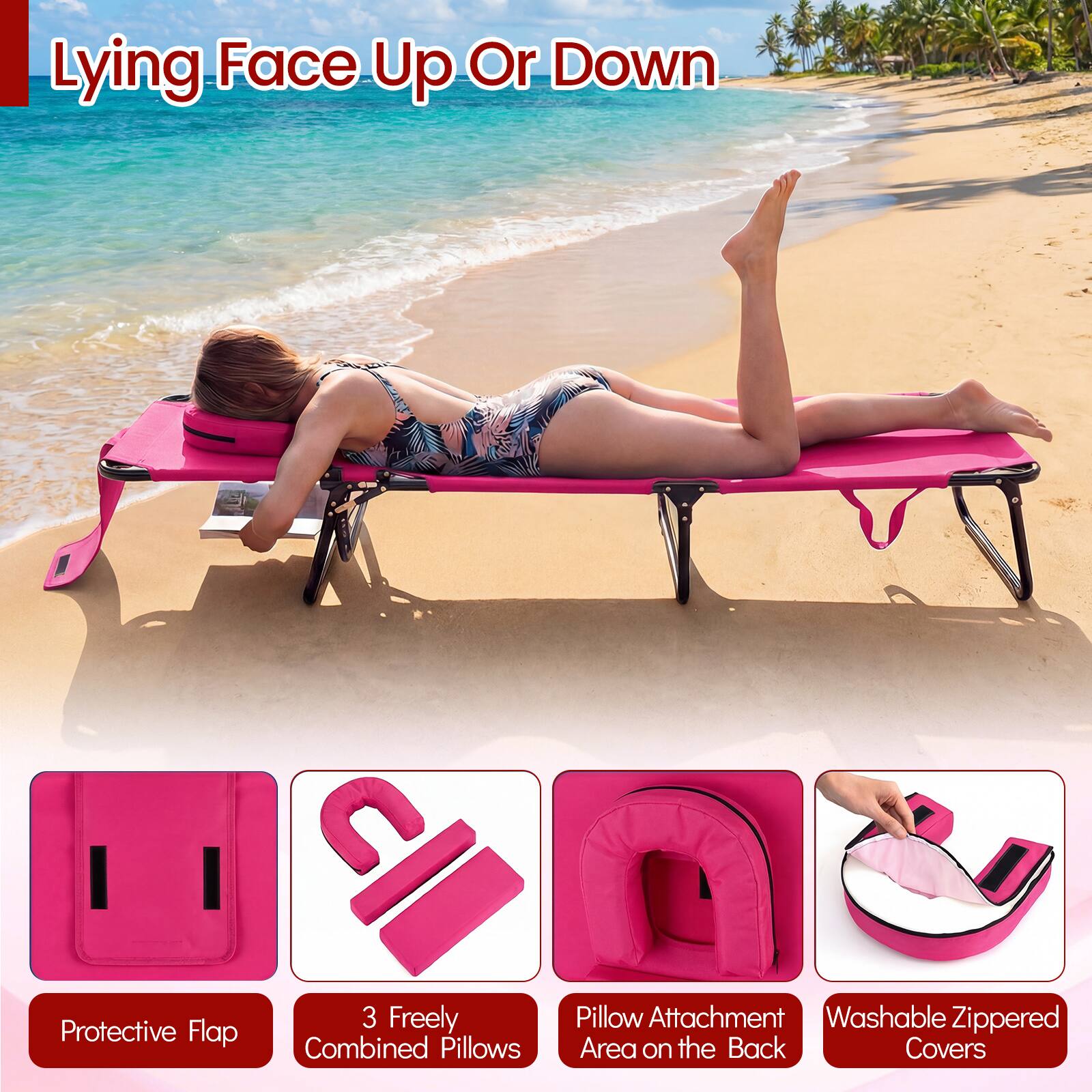 Lying Face Up Or Down

- Protective Flap
- 3 Freely Combined Pillows
- Pillow Attachment Area on the Back
- Washable Zippered Covers