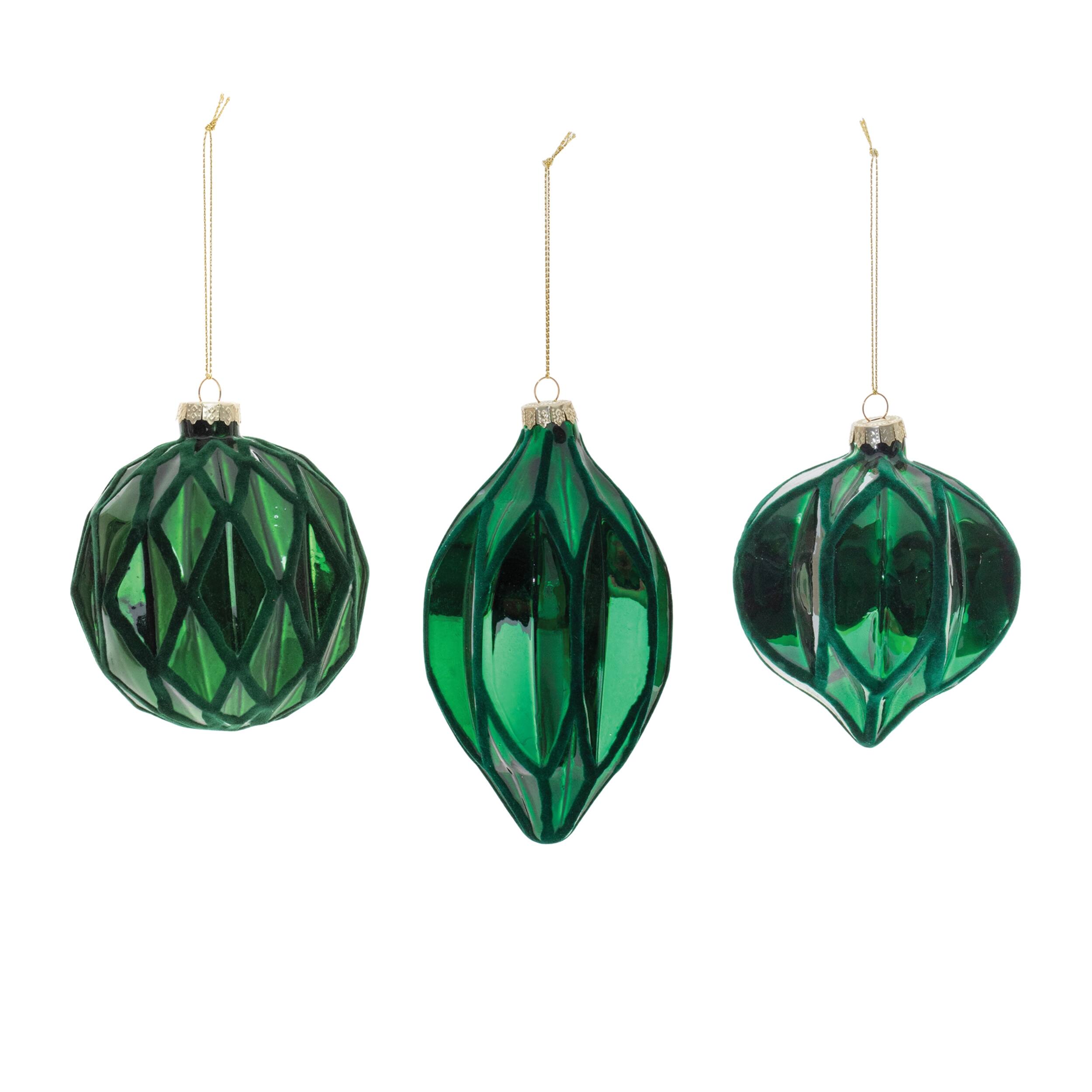 Angle. BreeBe - Green Textured Harlequin Glass Ornament (Set of 6) - Green.
