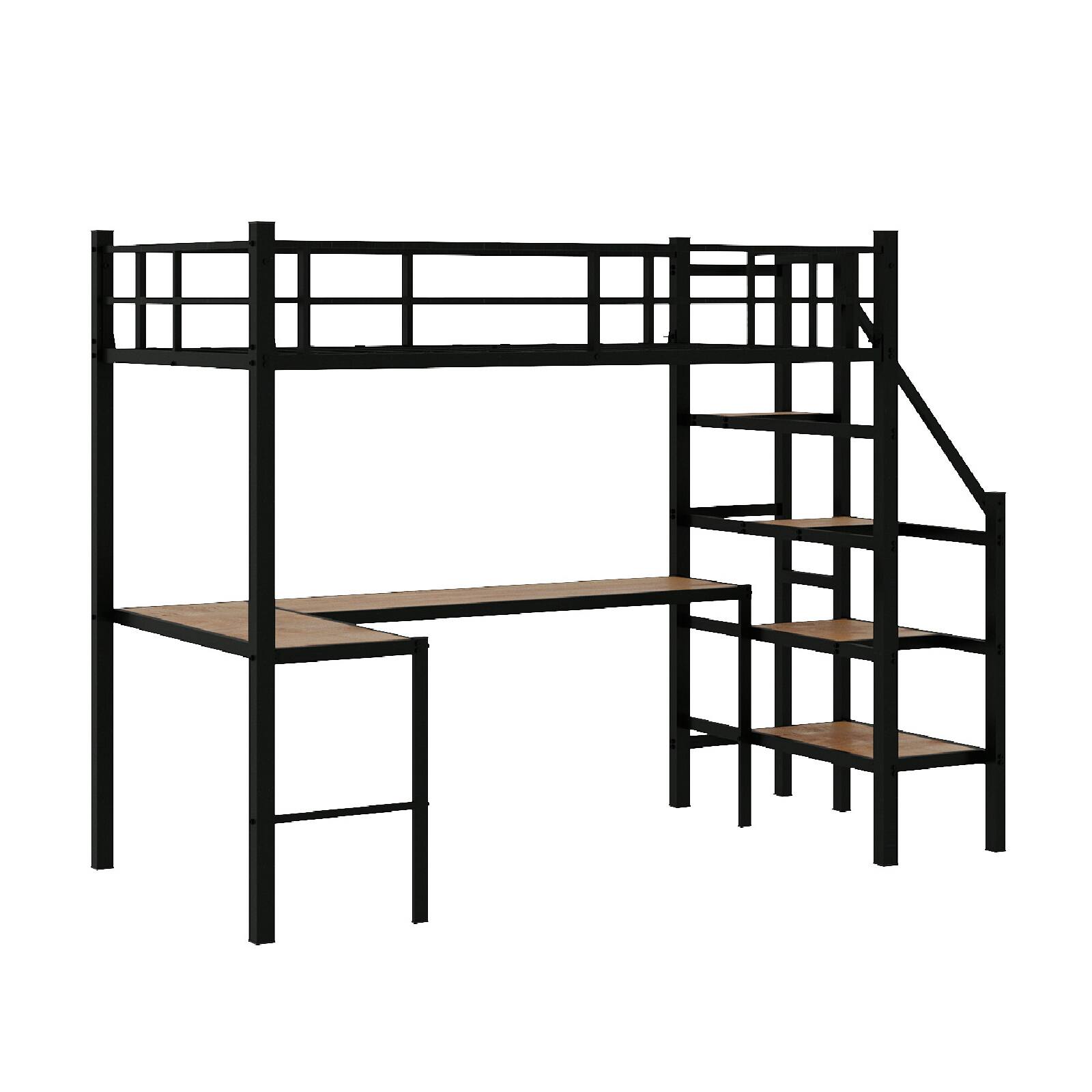 Alt View 8. Loheer - Loheer Black Metal Twin Loft Bed with Desk Space Saving Iron and Wood Multifunctional Frame - Black.