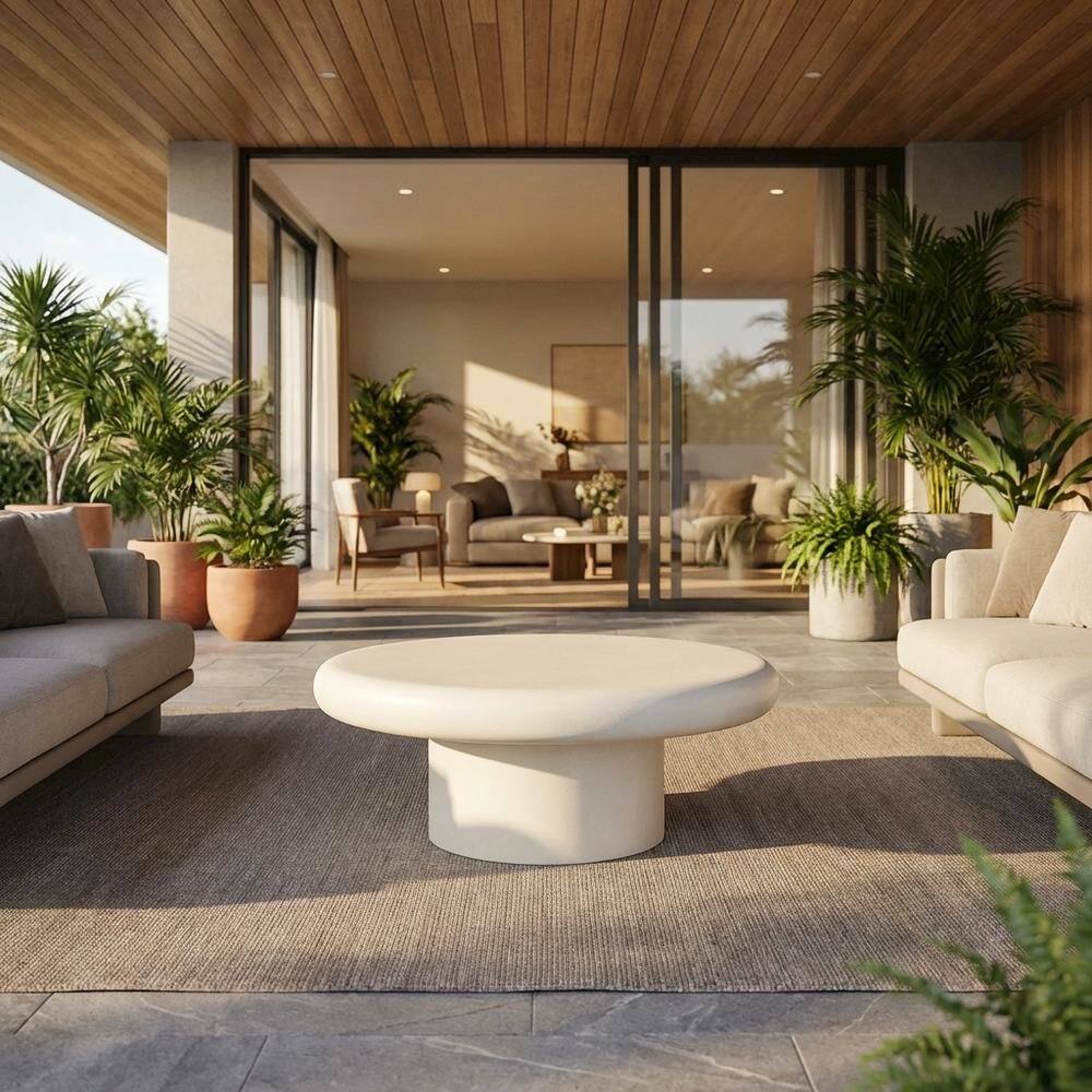 Angle. Outdoor Escape - Outdoor Concrete Round Coffee Table with Durable Surface - White.