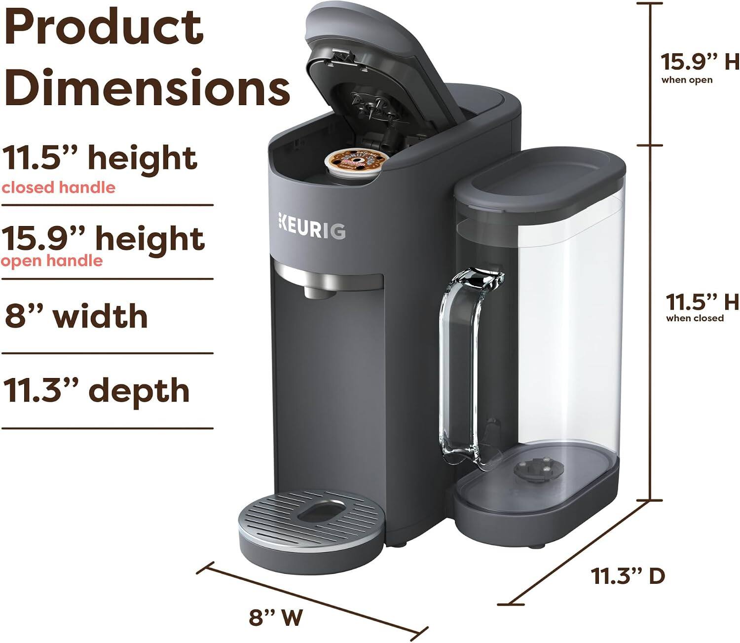 Product Dimensions

11.5" height closed handle
15.9" height open handle
8" width
11.3" depth