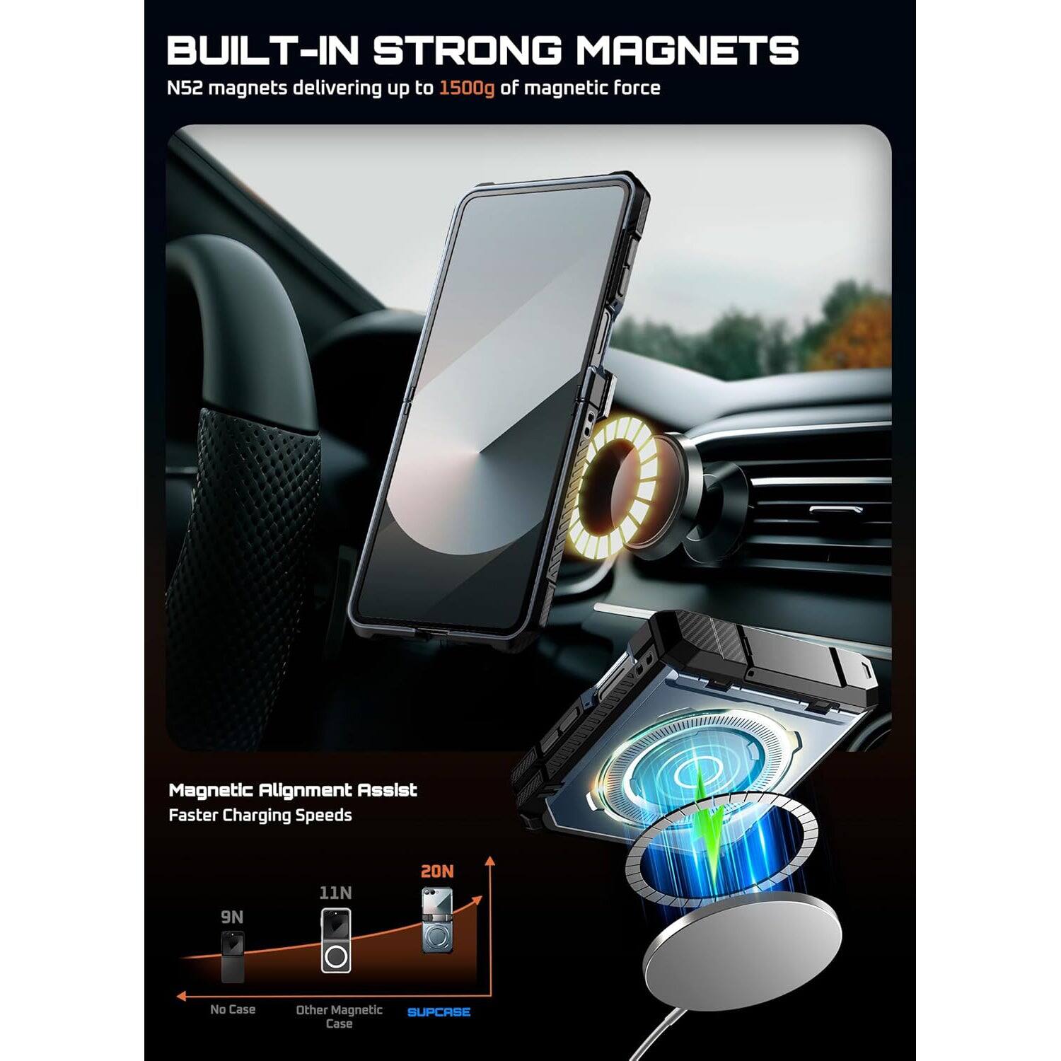 BUILT-IN STRONG MAGNETS
N52 magnets delivering up to 1500g of magnetic force
Magnetic Alignment Assist
Faster Charging Speeds
9N 11N 20N
No Case
Other Magnetic
SUPCASE