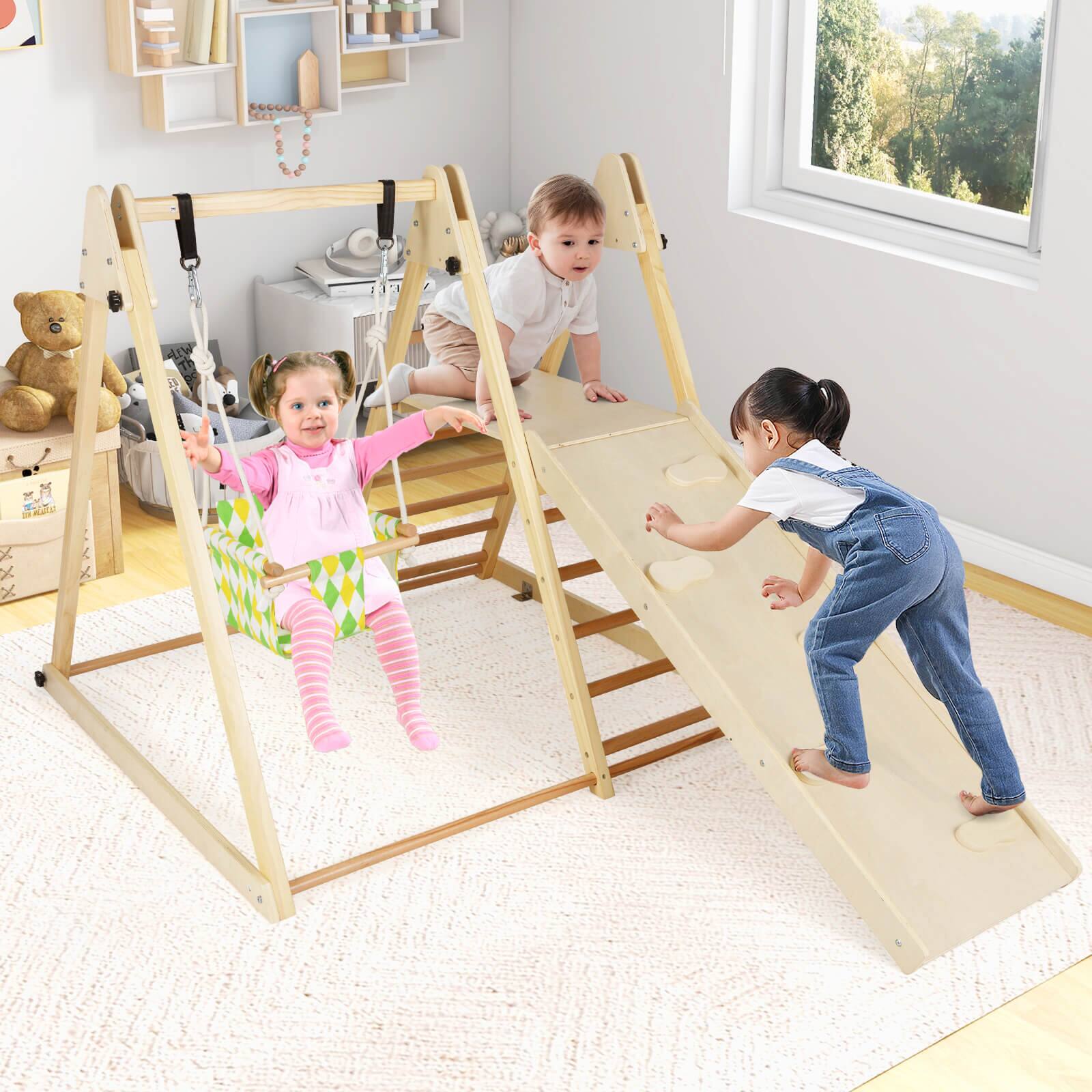 Alt View 3. Costway - Costway 4-in-1 Indoor Jungle Gym with Baby Swing, Climber, Ladder and Resting Platform - Natural.
