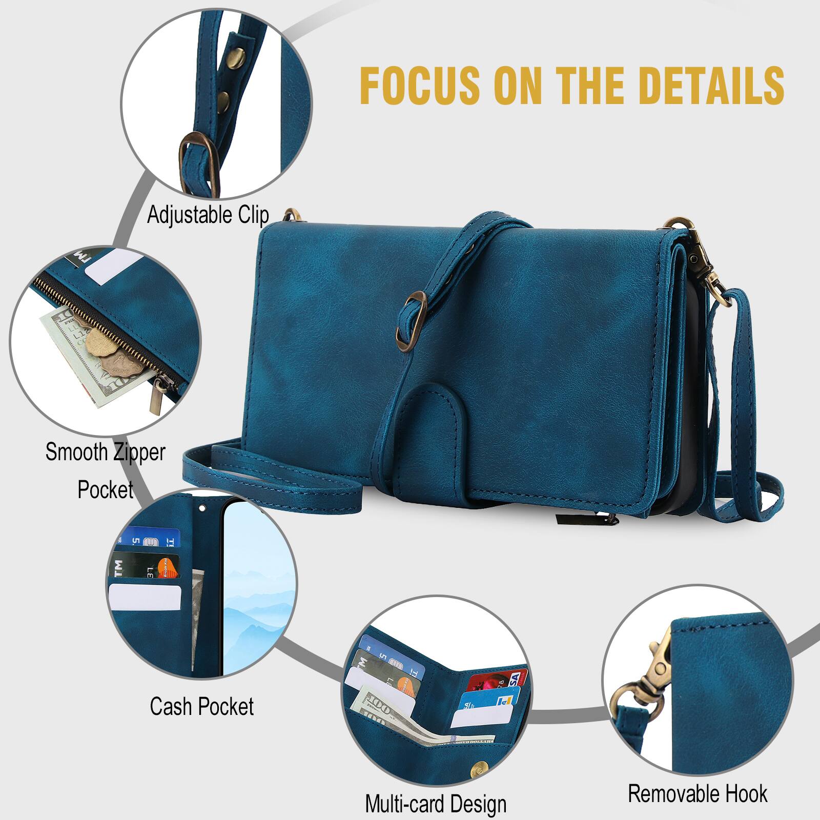 FOCUS ON THE DETAILS

- Adjustable Clip
- Smooth Zipper Pocket
- Cash Pocket
- Multi-card Design
- Removable Hook