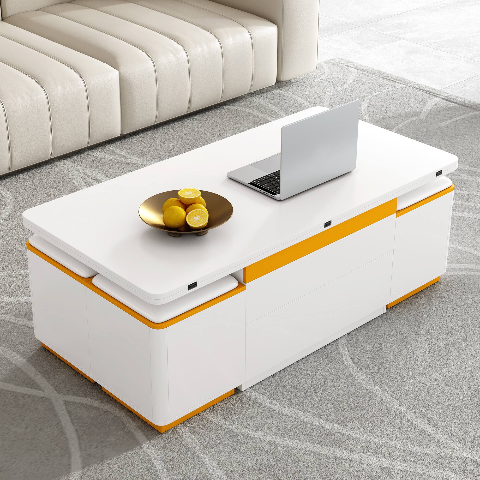 Alt View 8. Ecooso - Coffee Table Lift-Top Design with 4 Storage Stools, Adjustable Multifunctional Center Table for Living Room - White.