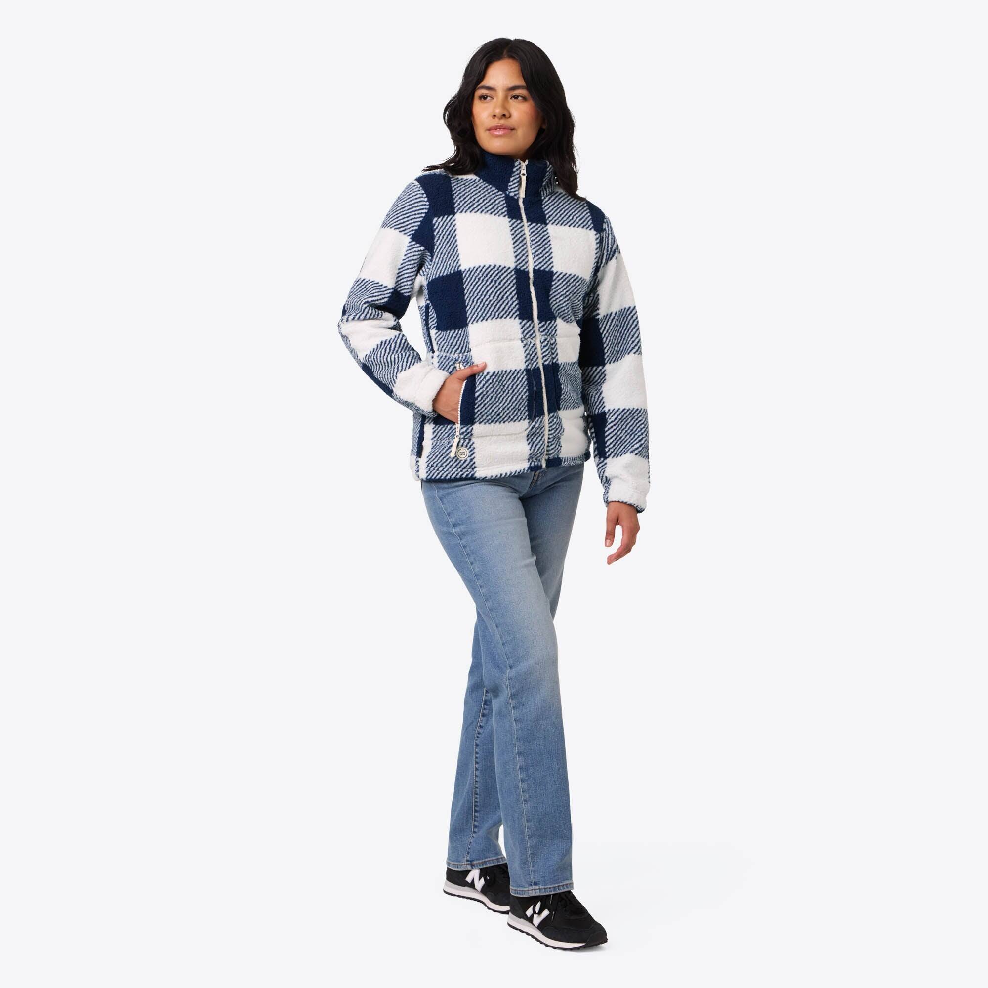 Alt View 2. Mobile Warming - Women's Upland Sherpa Printed Heated Long Jacket - Blue Plaid.