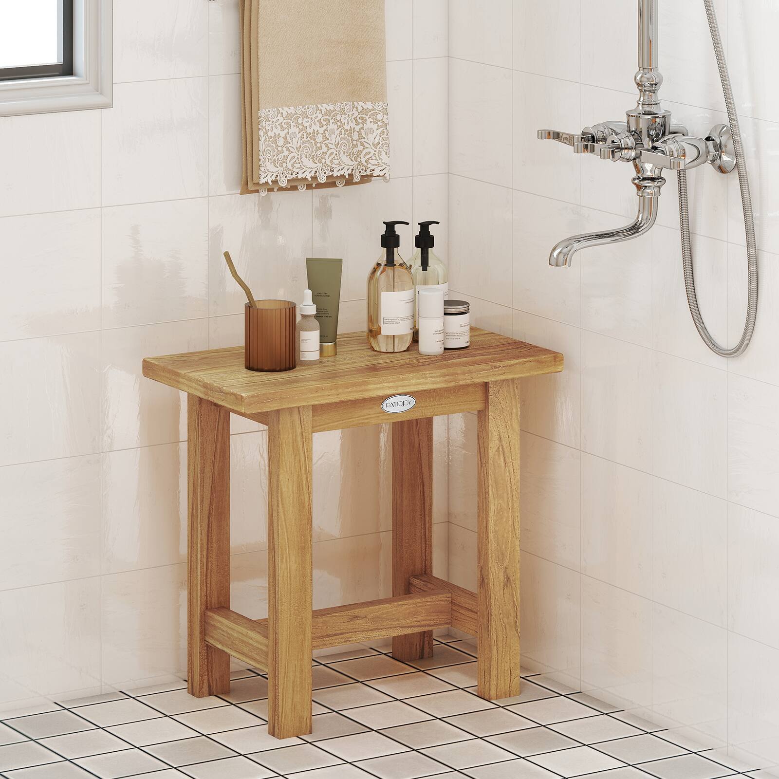 Alt View 1. Gymax - Gymax 20'' Teak Shower Bench Waterproof Shower Stool for Shaving Legs Indoor & Outdoor - Brown.