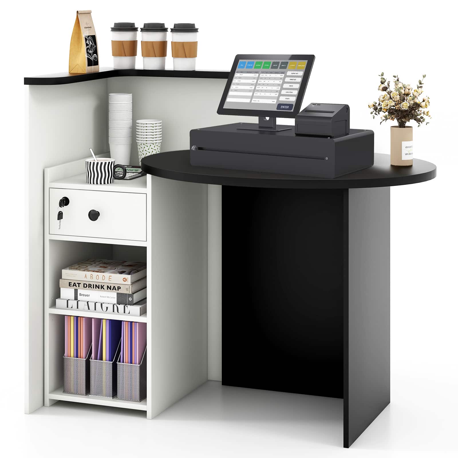 Costway - Front Reception Counter Desk Checkout Office Desk with Open Shelf & Lockable Drawer Black - Black & White