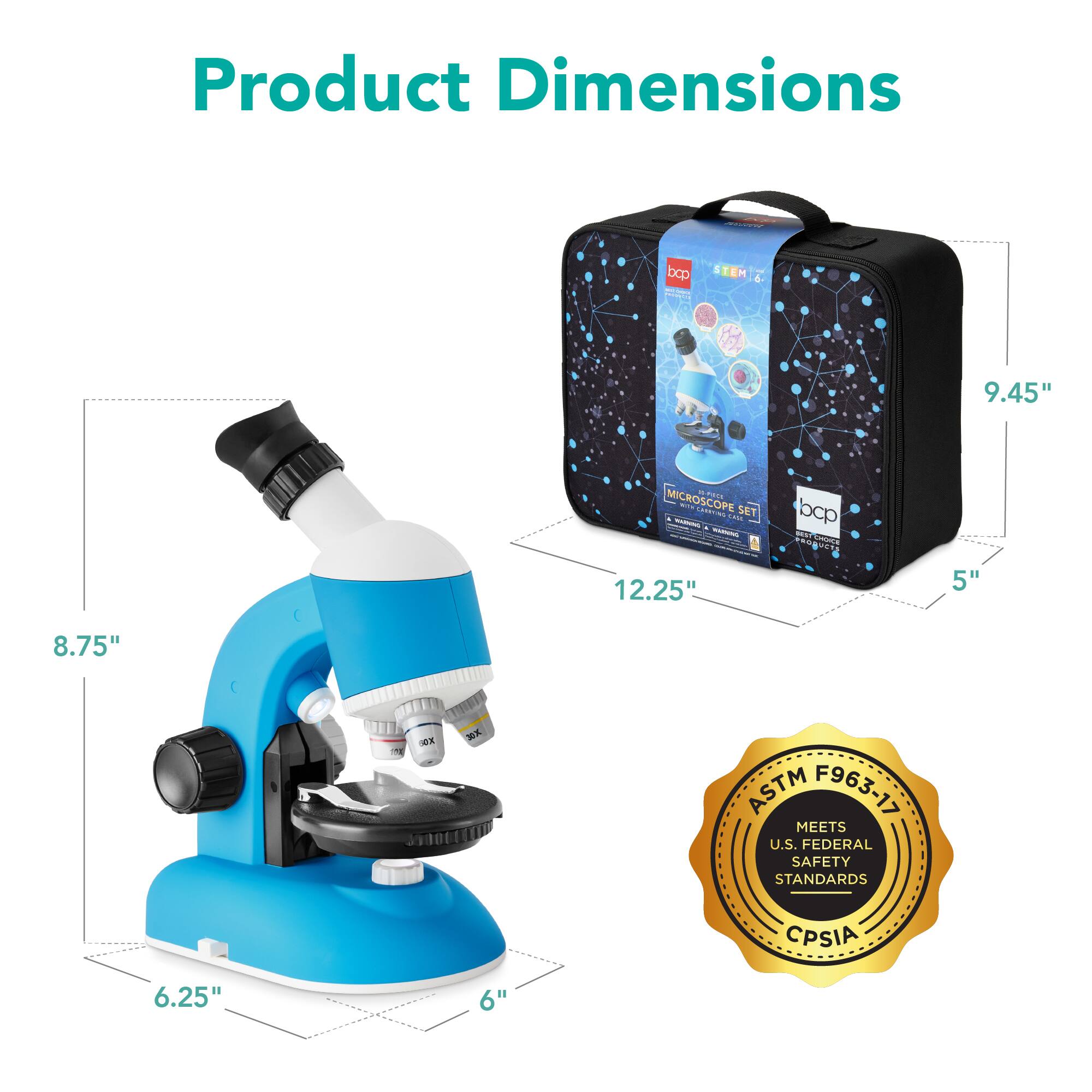 Product Dimensions:  
- Microscope: 8.75" x 6.25" x 6"  
- Box: 12.25" x 5" x 9.45"  

Meets U.S. Federal Safety Standards: ASTM F963-17, CPSIA