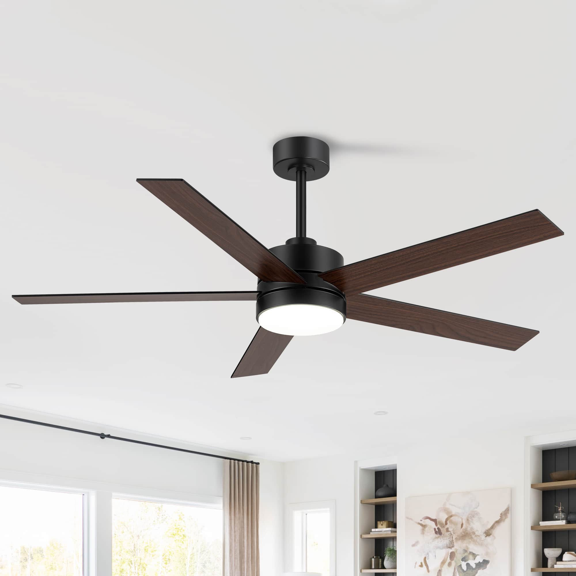 Front. Breezary - 56-in Indoor Ceiling Fan with 6-Speed Reversible DC Motor, 3-Color Light, 6''/12'' Downrods, Remote Control - Matte Black and Dark Wood Grain.