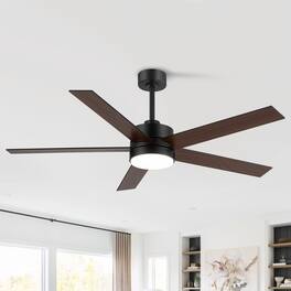 Breezary - 56-in Indoor Ceiling Fan with 6-Speed Reversible DC Motor, 3-Color Light, 6''/12'' Downrods, Remote Control - Matte Black and Dark Wood Grain