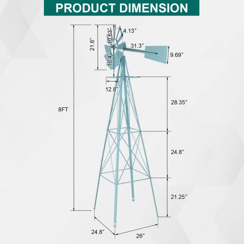 PRODUCT DIMENSION  
21.6" 10.63" 10.4" 4.13" 31.3" 9.69" 12.8" 8FT 28.35" 24.8" 21.25" 24.8" 26"