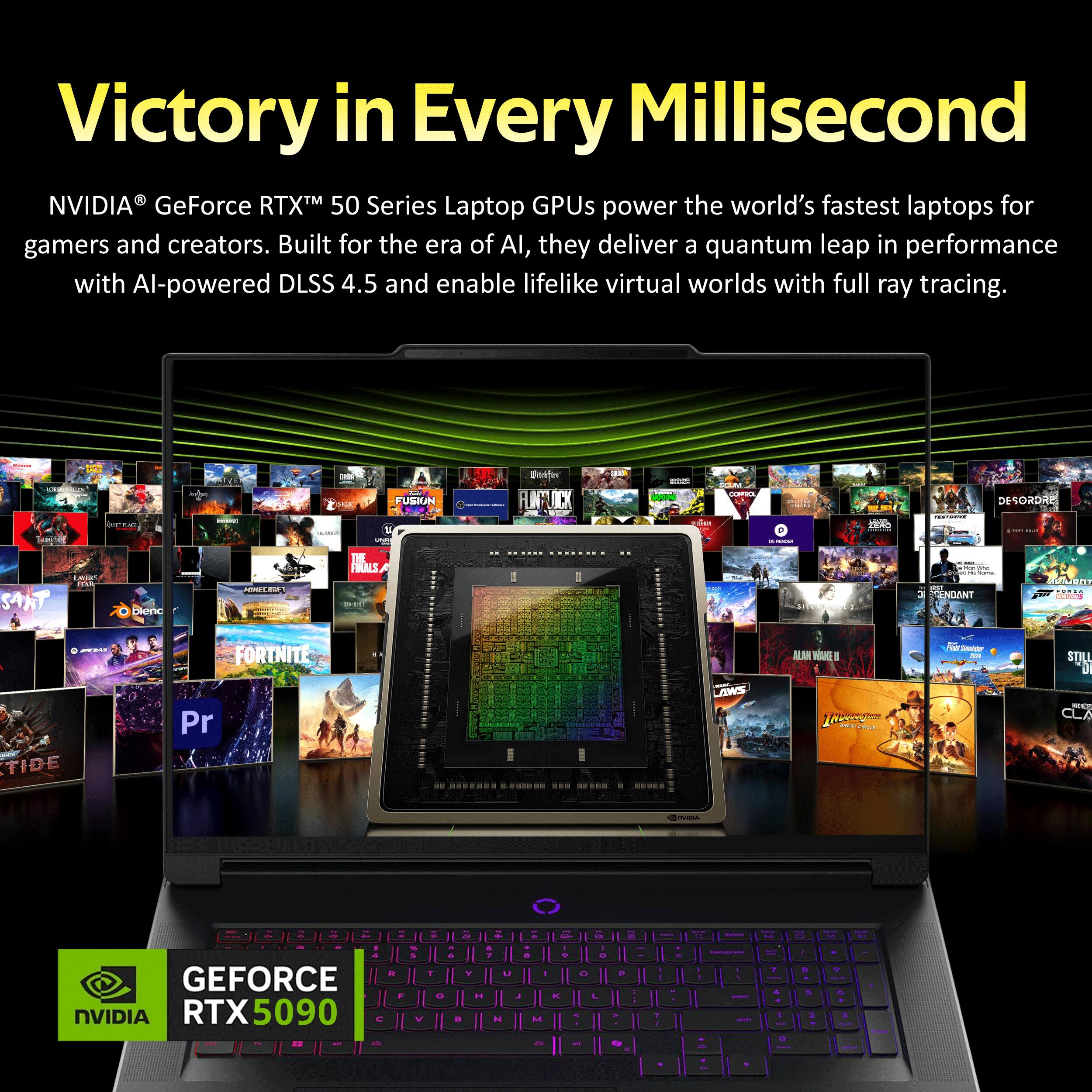 Victory in Every Millisecond

NVIDIA® GeForce RTX™ 50 Series Laptop GPUs power the world's fastest laptops for gamers and creators. Built for the era of AI, they deliver a quantum leap in performance with AI-powered DLSS 4.5 and enable lifelike virtual worlds with full ray tracing.

GEFORCE RTX 5090