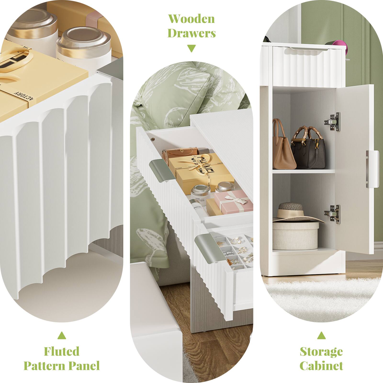 Wooden Drawers  
Fluted Pattern Panel  
Storage Cabinet