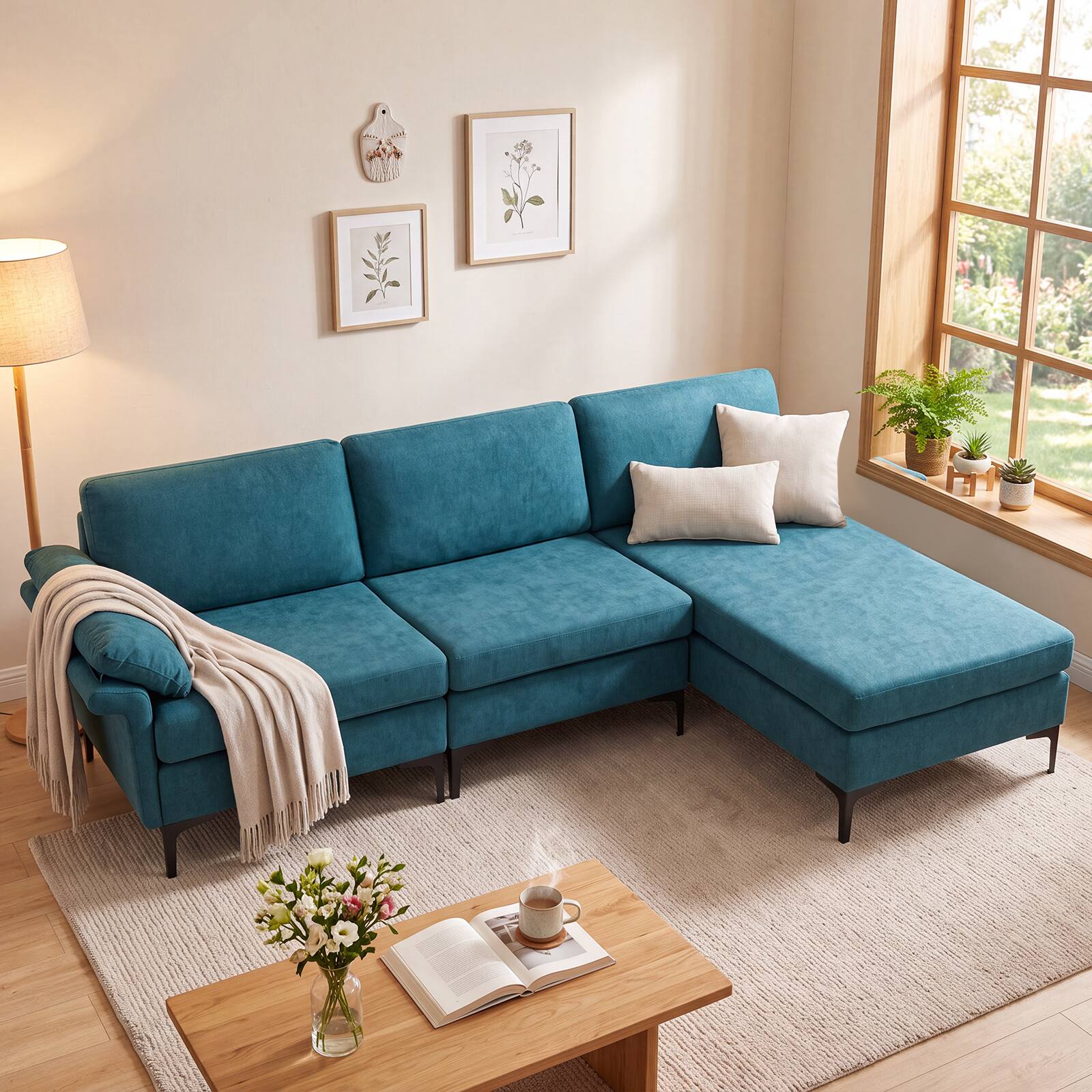 Alt View 3. Costway - Costway Modular Sectional Sofa with Storage & Charging Station, Chaise, Pillow Armrest - Turquoise.