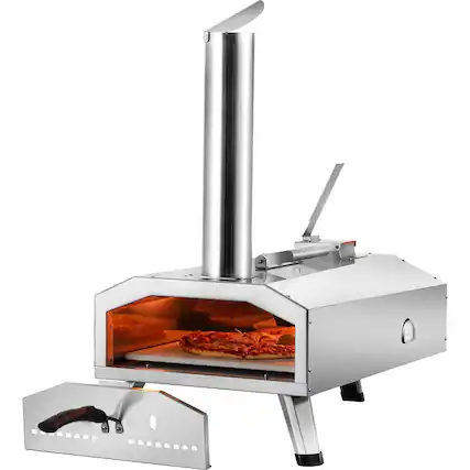 Front. Glintex - 12in Pizza Oven Outdoor Wood Pellet Maker, Portable Stainless Steel BBQ for Camping and Backyard. - Silver.