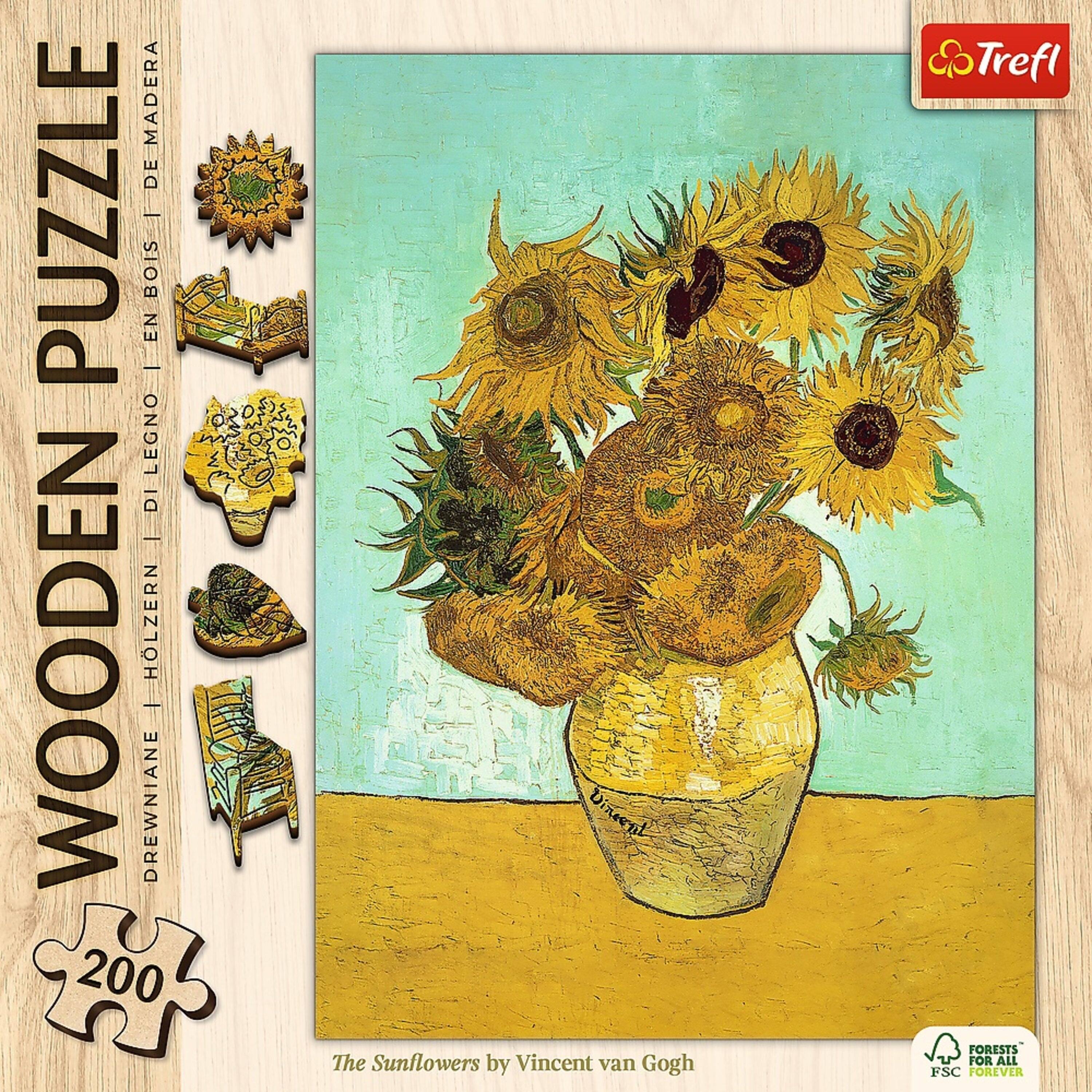 WOODEN PUZZLE  
DREWNIAŃE | HOLZERN | WOODEN | BOIS | LEGNO | DE MADERA  

The Sunflowers by Vincent van Gogh  

200  

FORESTS FOR ALL FSC FOREVER  

Trefl