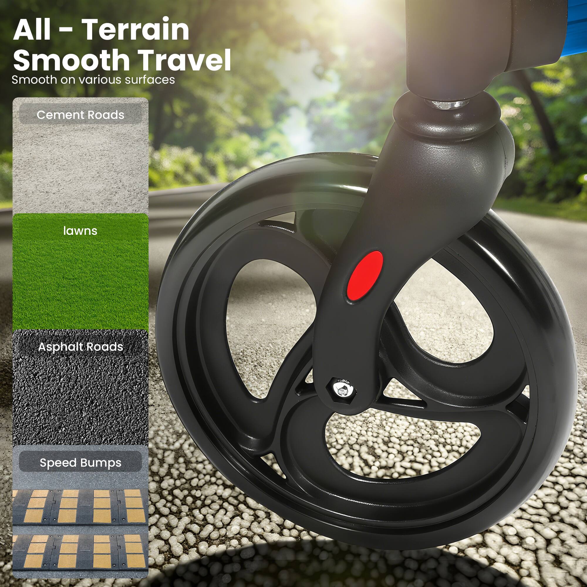 All-Terrain Smooth Travel  
Smooth on various surfaces  
Cement Roads  
lawns  
Asphalt Roads  
Speed Bumps
