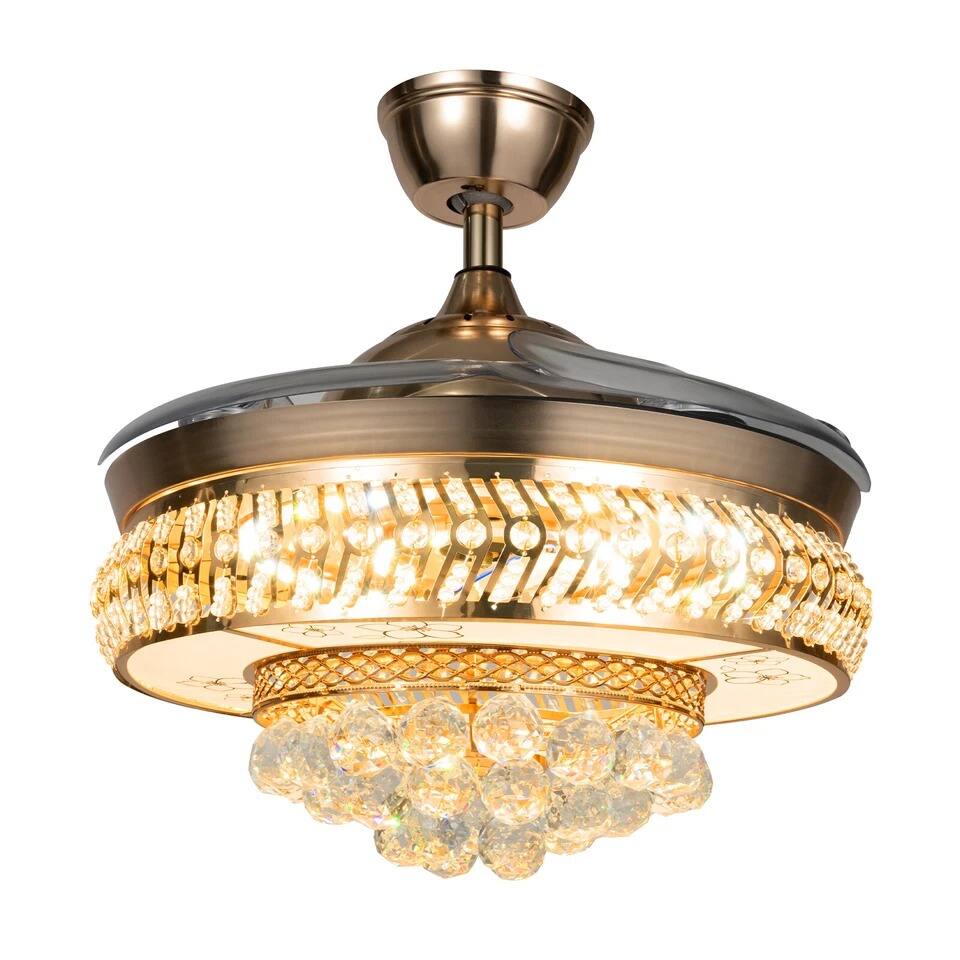 Alt View 2. Home Collection - 42" Crystal Retractable Ceiling Fan Light with Remote, LED Gold Chandelier.