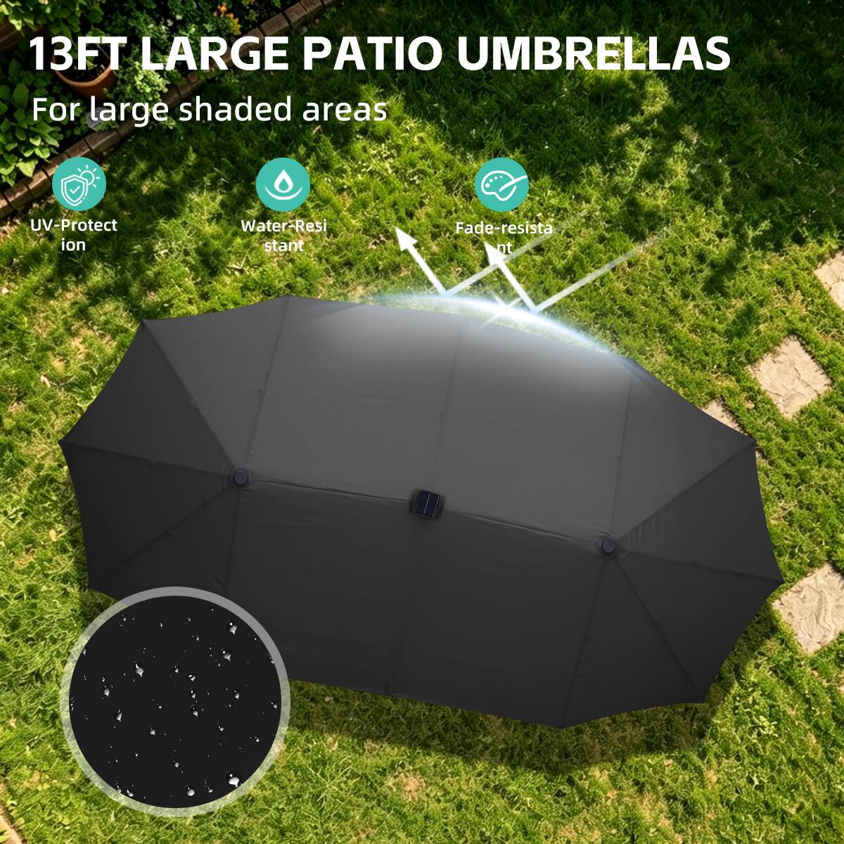 13FT LARGE PATIO UMBRELLAS  
For large shaded areas  
UV-Protection  
Water-Resistant  
Fade-resistant