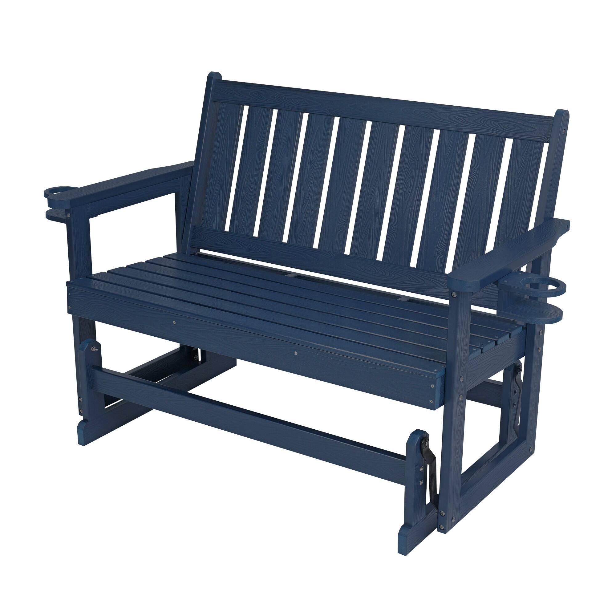 Back. Fortune Candy - Poly Lumber Patio Glider, HIPS Material Weather-Resistant Glider Bench for Outdoor Porch Garden - Navy Blue.