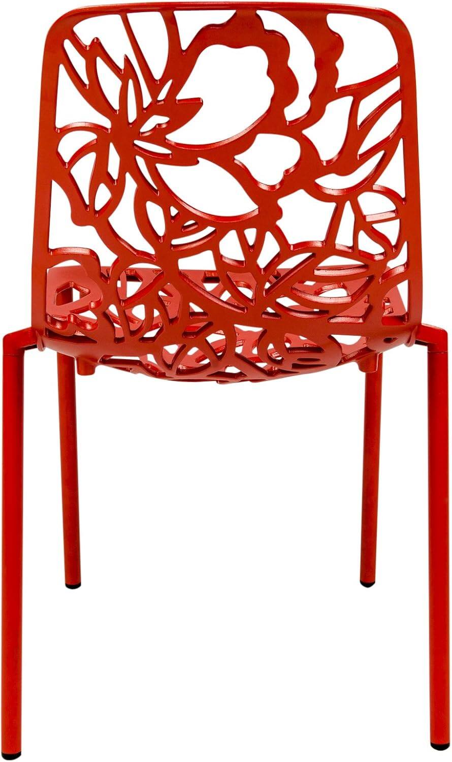 Back. LeisureMod - Devon Stackable Aluminum Dining Chair, Modern Floral Cutout Indoor/Outdoor Patio Chair - Fully Assembled - Red.