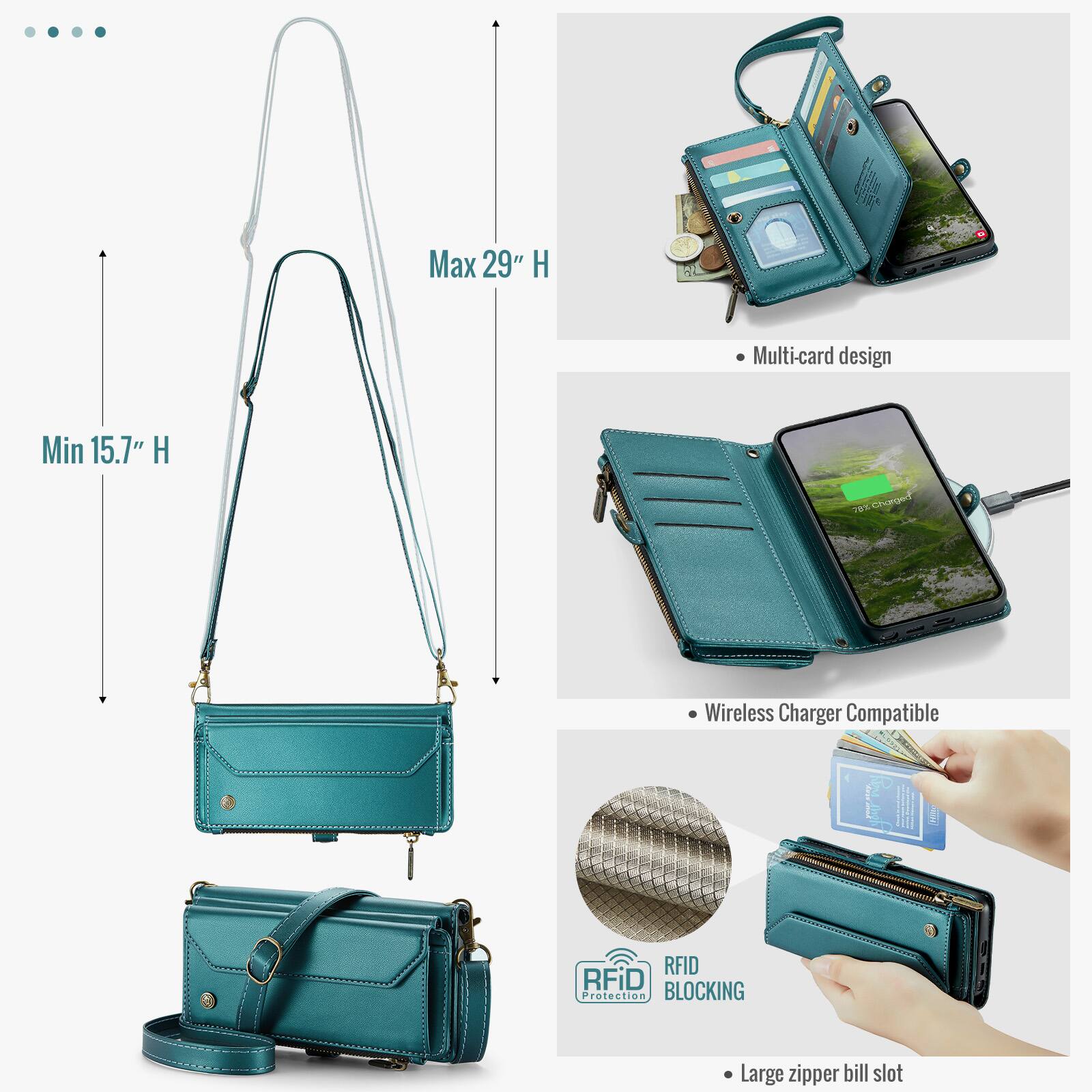 - Max 29" H
- Min 15.7" H
- Multi-card design
- Wireless Charger Compatible
- RFID BLOCKING Protection
- Large zipper bill slot