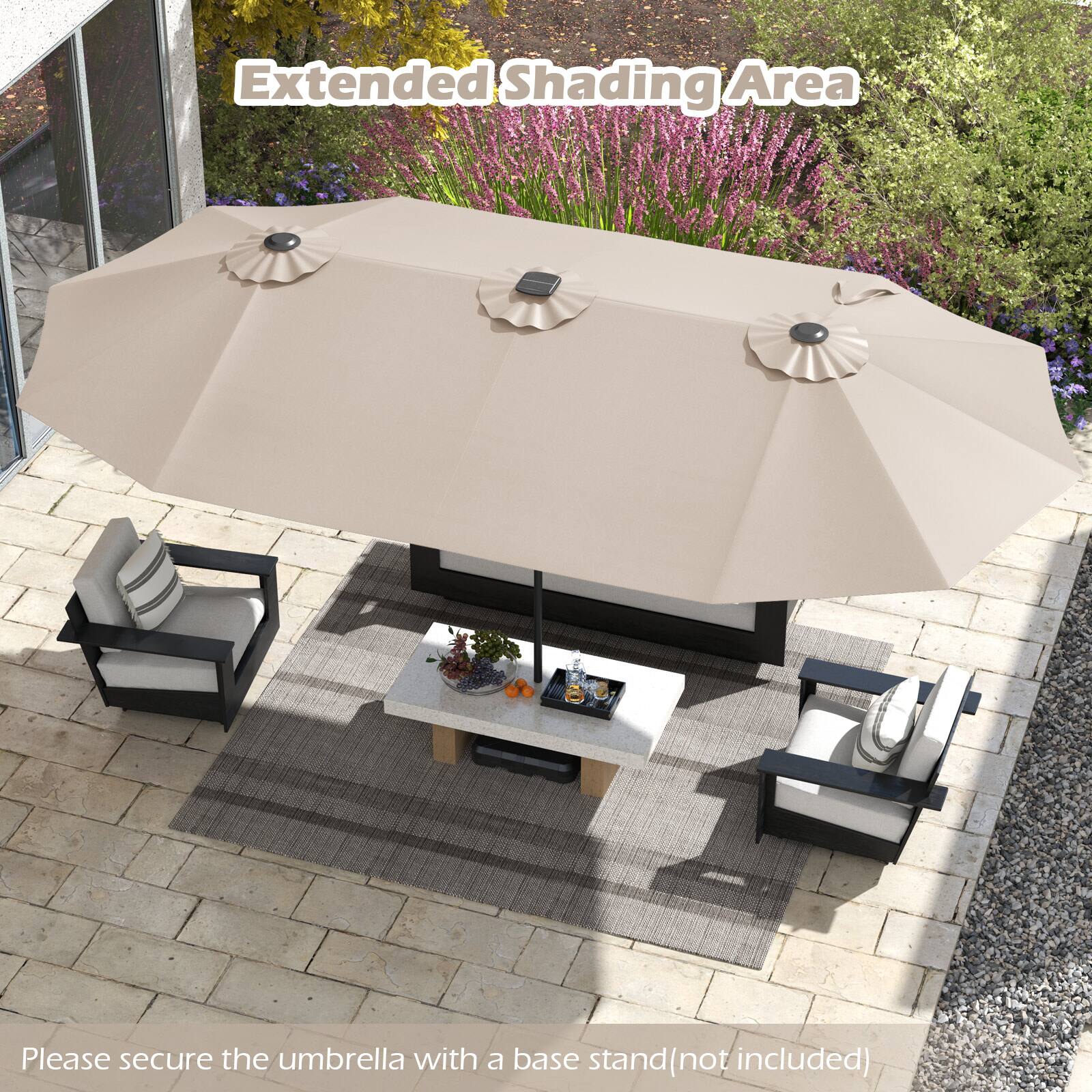 Extended Shading Area
Please secure the umbrella with a base stand (not included)