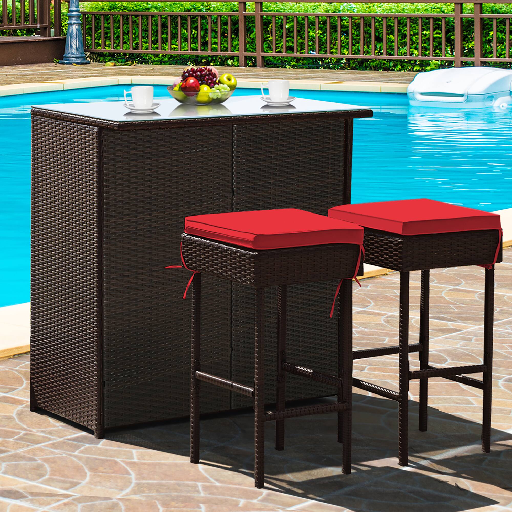 Alt View 1. Costway - 3PCS Patio Rattan Wicker Bar Table Stools Dining Set Cushioned Chairs Garden - Mixed Brown/Red.