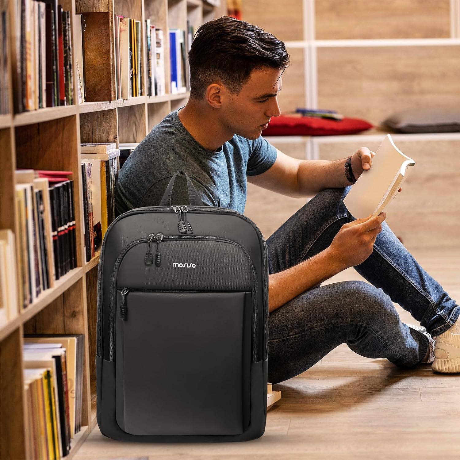 Alt View 2. mosiso - Laptop Backpack for Men, 15.6 inch Slim Lightweight Computer Bag, Waterproof Work & Travel Daypack with Luggage Strap - Black.