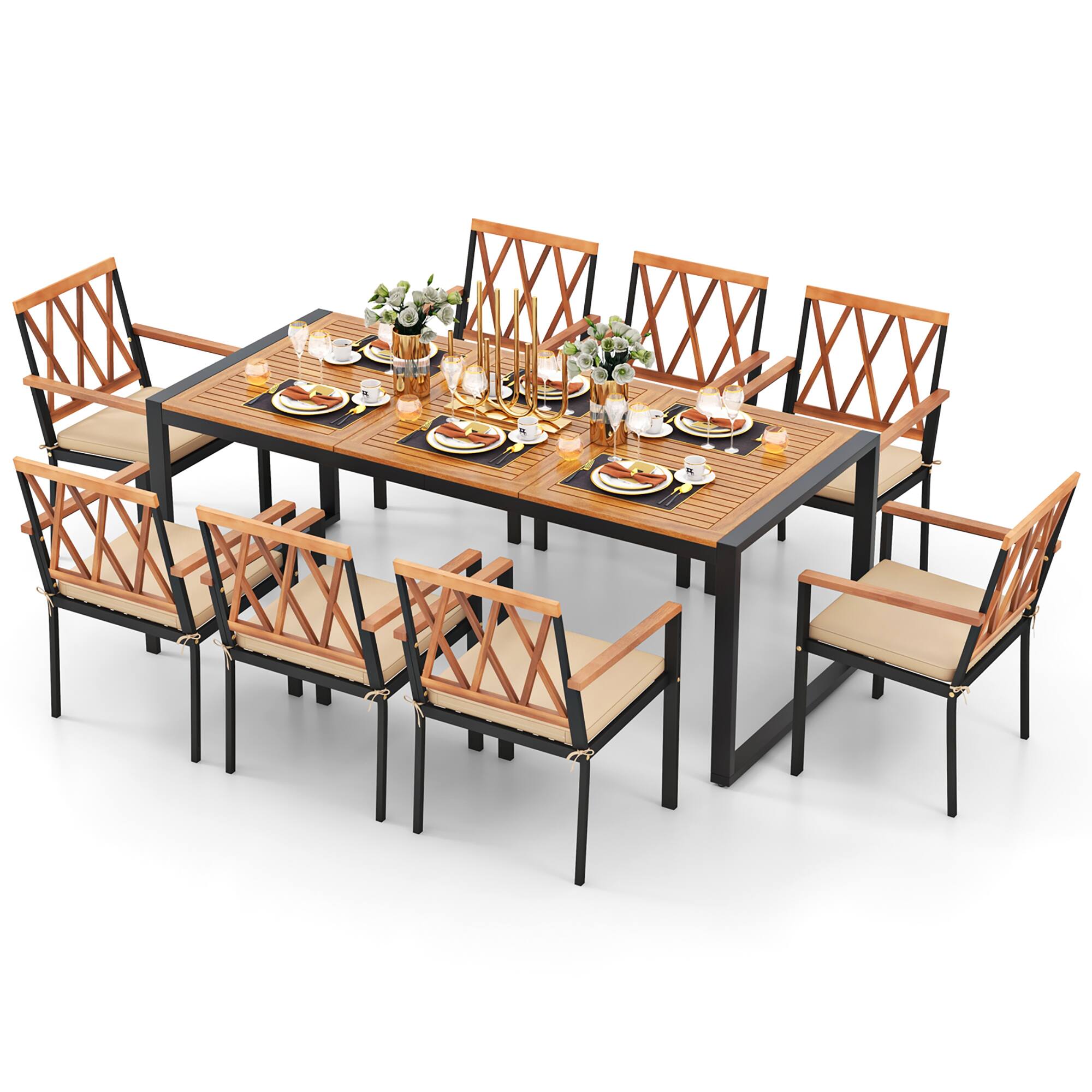 Front. Gymax - Gymax 9 Pieces Patio Dining Set w/ Soft Cushions and 1.9'' Umbrella Hole for Garden - Natural, Black.