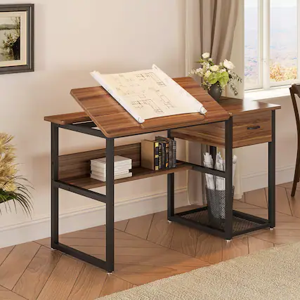 Front. Tribesigns - Office Drafting Table, For Drawing, Creative Projects and Everyday Work in a Home Studio - Brown.