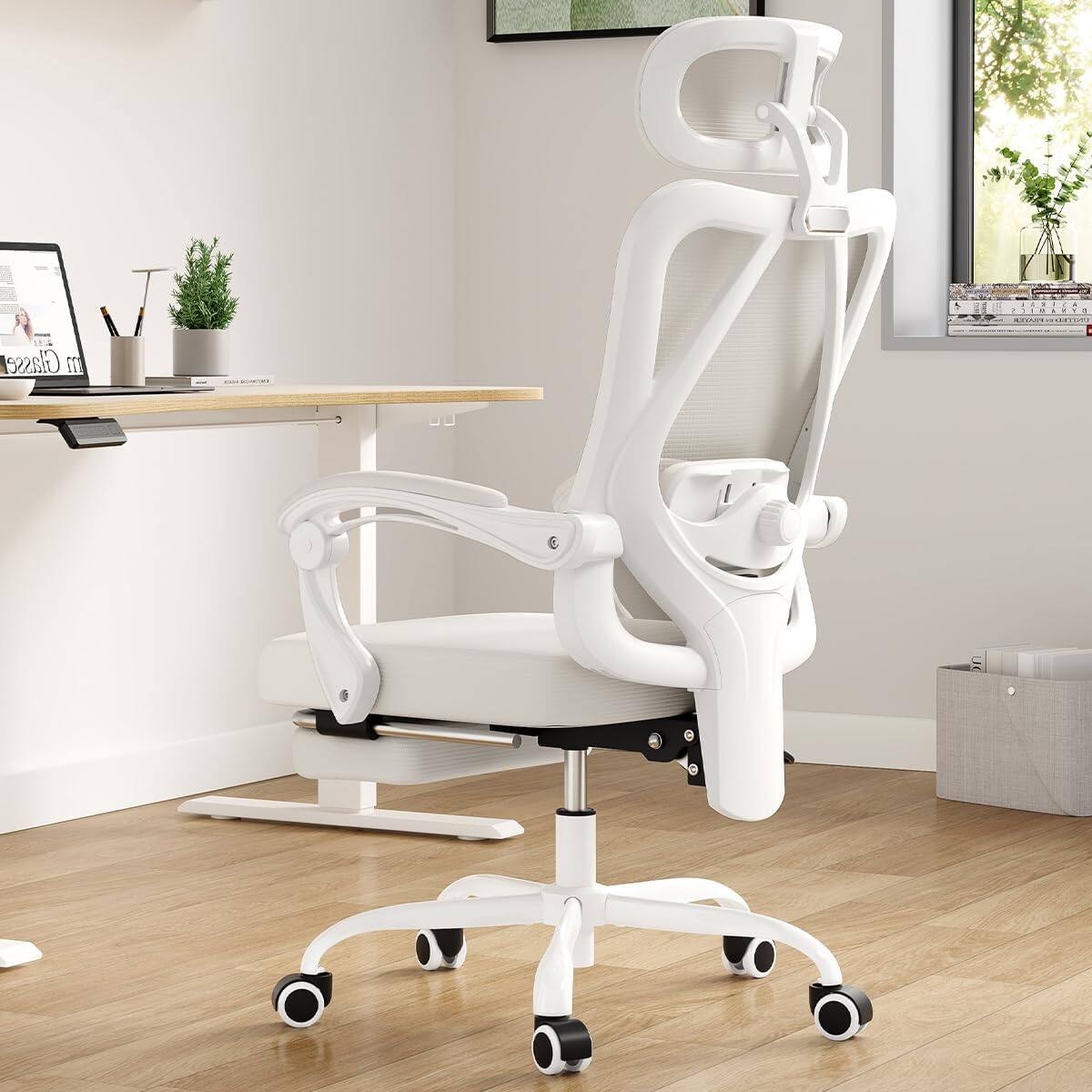 Alt View 2. PexFix - Ergonomic Office Chair with 135° Recline, Adjustable Headrest & Lumbar Support, 400 lb Capacity - White+Beige.