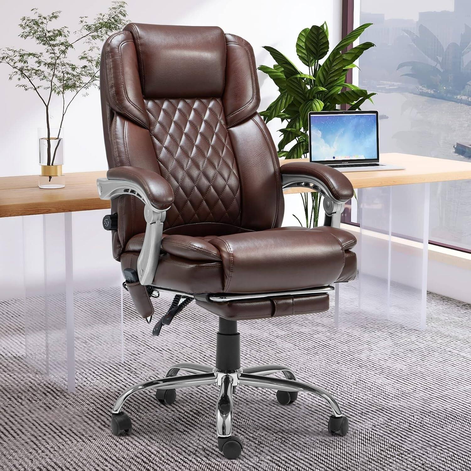 Angle. U-HOMY - Ergonomic Office Chair with 2-Point Massage, Reclining Backrest, Lumbar Support, Footrest - Brown.