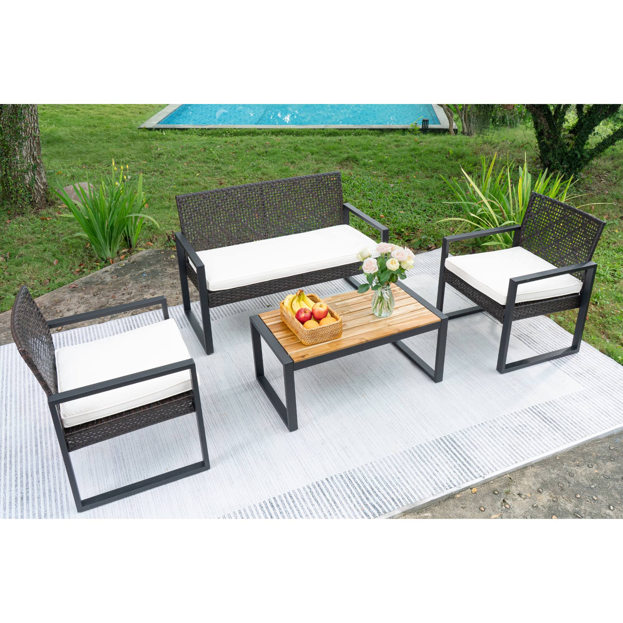Alt View 9. Siljoy - 4-Piece Patio Set, Acacia Wood Tabletop, Brown & Beige Cushions - Brown.