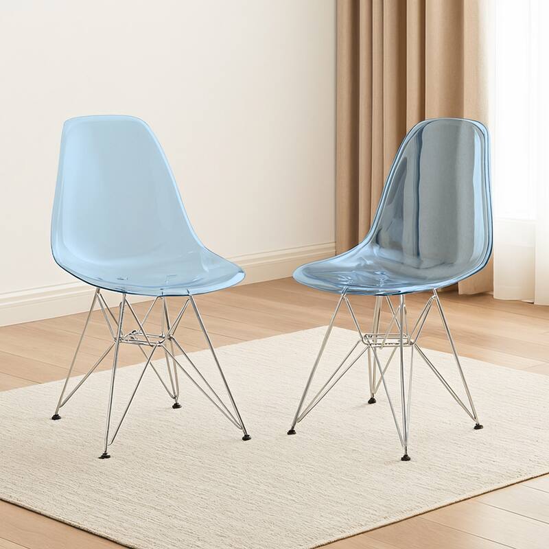 Angle. LeisureMod - Cresco 2-Pieces Acrylic Dining Chair with Ergonomic Curved Back and Floor Protectors - Transparent Blue.