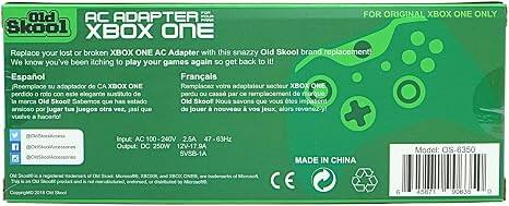 FOR ORIGINAL XBOX ONE ONLY

Old Skool XBOX ONE AC ADAPTER

Replace your lost or broken XBOX ONE AC Adapter with this snazzy Old Skool brand replacement! We know you've been itching to play your games again so get back to it!

Español
Reemplace su adaptador de CA XBOX ONE perdido o roto con este elegante sustituto de Old Skool. Sabemos que has estado ansioso por jugar tus juegos otra vez, ¡jál! vuelva a hacerlo!

Français
Remplacez votre adaptateur de secteur XBOX ONE perdu ou cassé par ce remplacement de marque Old Skool. Nous savons que vous avez envie de jouer à nouveau à vos jeux, alors revenez-y!

Input: AC 100-240V 2.5A 47-63Hz
Output: DC 250W 12V-17.94 6V/88-1A

MADE IN CHINA
CE

Model: 05-8350

Old Skool is a registered trademark of the Old Skool Corporation. Microsoft, Xbox, Xbox One, and