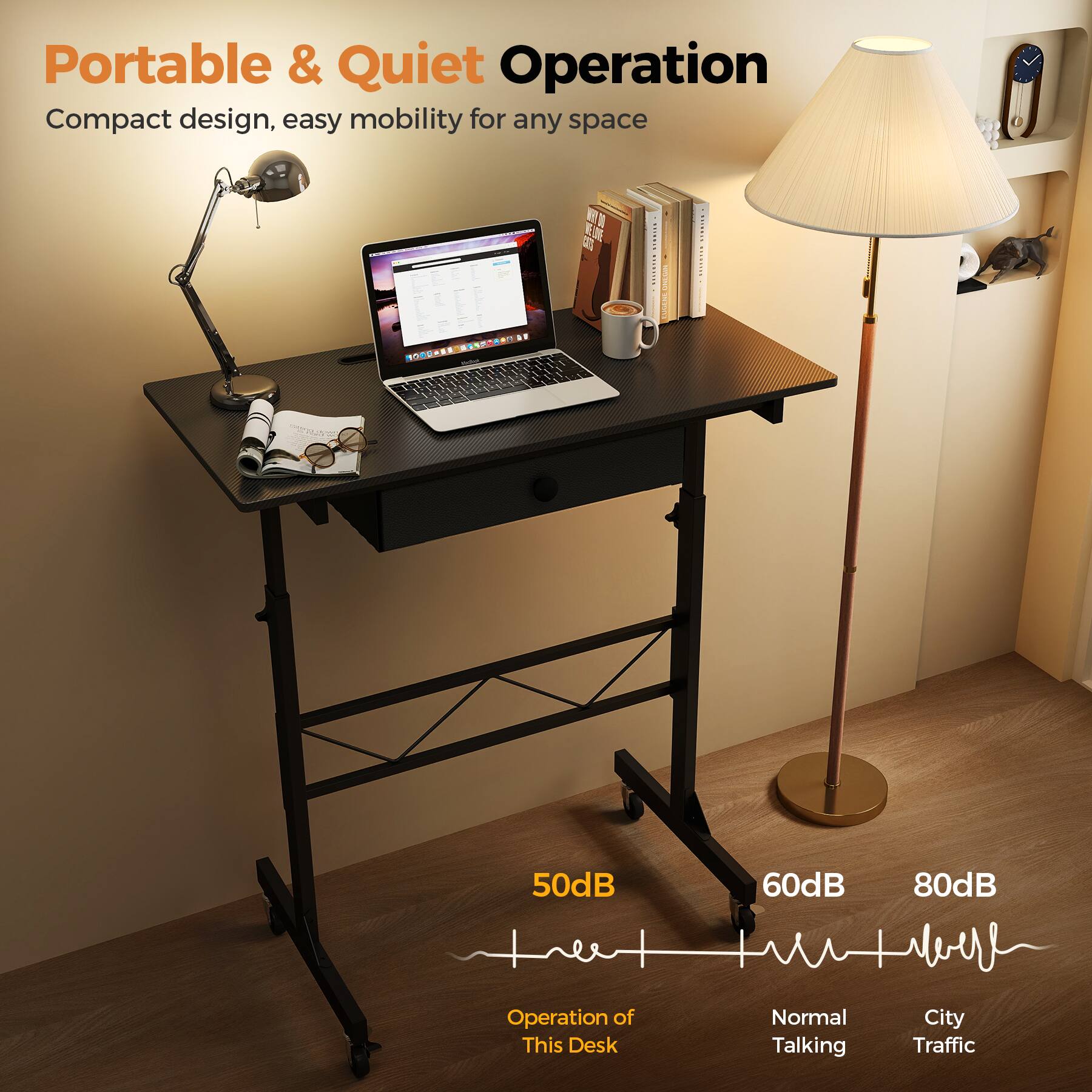 Portable & Quiet Operation
Compact design, easy mobility for any space

50dB
60dB
80dB

Operation of This Desk
Normal Talking
City Traffic