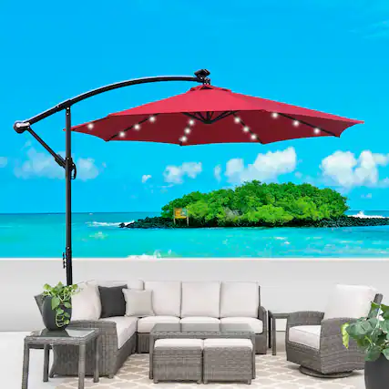 Front. Loheer - Loheer 10 ft Solar Lighted Patio Umbrella with Cross Base Crank Lift Round Outdoor Sun Shade for Pool Deck Garden.