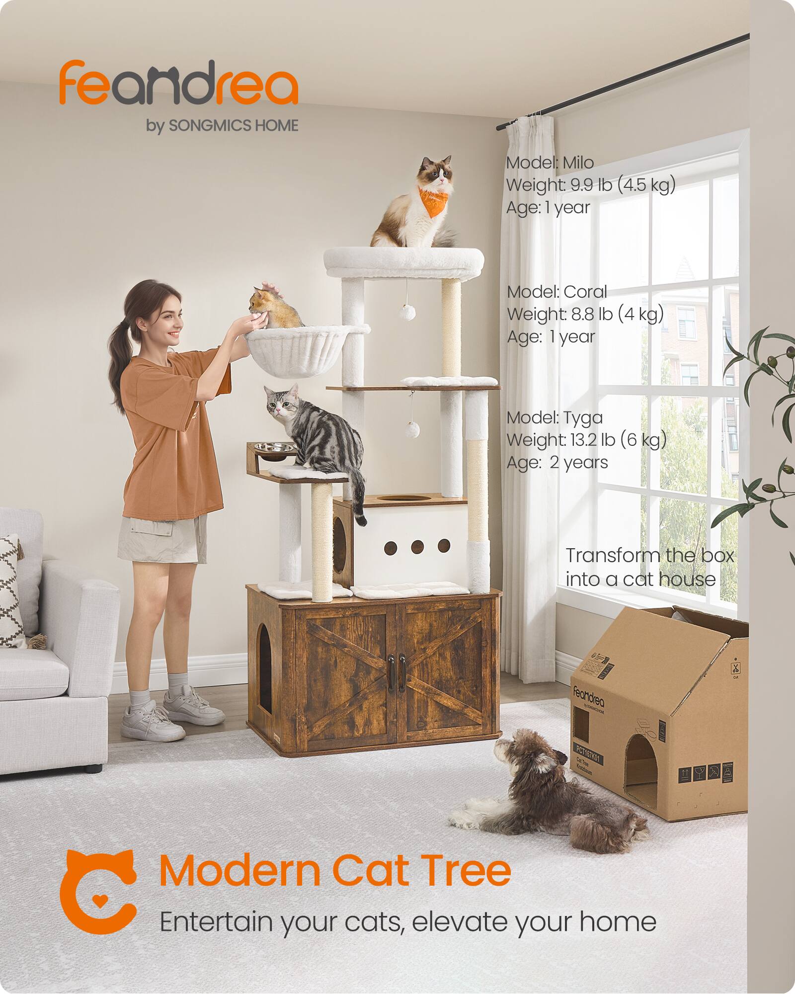 feandrea by SONGMICS HOME

Model: Milo
Weight: 9.9 lb (4.5 kg)
Age: 1 year

Model: Coral
Weight: 8.8 lb (4 kg)
Age: 1 year

Model: Tyga
Weight: 13.2 lb (6 kg)
Age: 2 years

Transform the box into a cat house

Modern Cat Tree
Entertain your cats, elevate your home